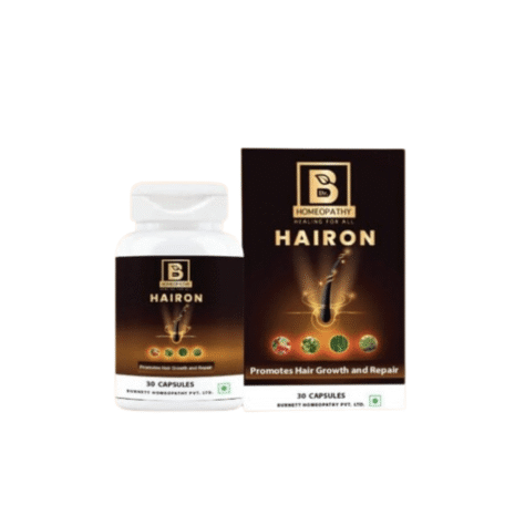 A bottle of Hairon hair growth capsules with a stylish box, promoting hair growth and repair, featuring a homeopathy branding.