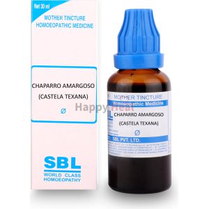 Chaparro Amargoso Mother Tincture::A 30 ml bottle of Chaparro Amargoso mother tincture (Castela Texana) with its packaging, labeled as homoeopathic medicine from SBL.