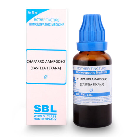 CHAPARRO_AMARGOSO_Q_SBL_30ML.jpg Chaparro Amargoso Mother Tincture::A 30 ml bottle of Chaparro Amargoso mother tincture (Castela Texana) with its packaging, labeled as homoeopathic medicine from SBL.