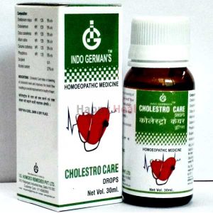 Bottle and packaging of Cholestro Care homeopathic medicine, designed for heart health, with an illustration of a heart and ECG line.