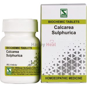 Bottle and box of Calcarea Sulphurica biochemic tablets by Dr. Willmar Schwabe, showcasing the product label and packaging design.