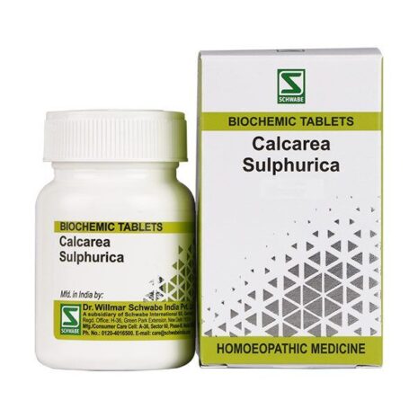 Bottle and box of Calcarea Sulphurica biochemic tablets by Dr. Willmar Schwabe, showcasing the product label and packaging design.