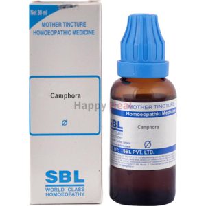 30 ml bottle of Camphora mother tincture alongside its packaging, labeled as homeopathic medicine by SBL.