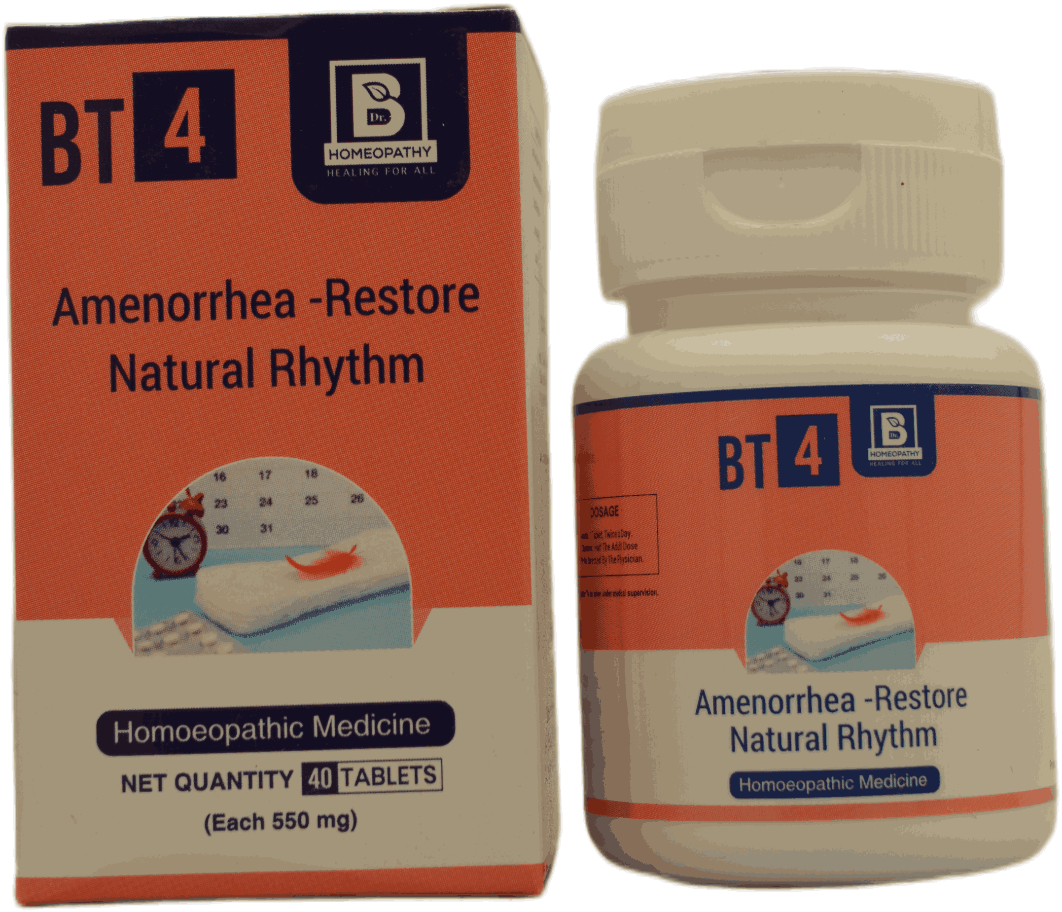 A bottle of BT 4 homeopathic tablets designed to restore natural menstrual rhythm, featuring packaging details and dosage information.
