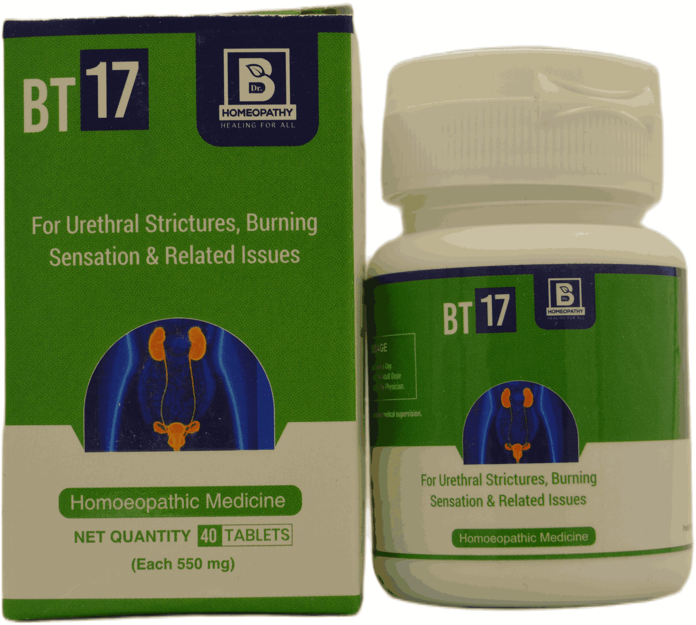 A bottle and box of BT17 homeopathic medicine, designed to treat urethral strictures and burning sensations, containing 40 tablets of 550 mg each.