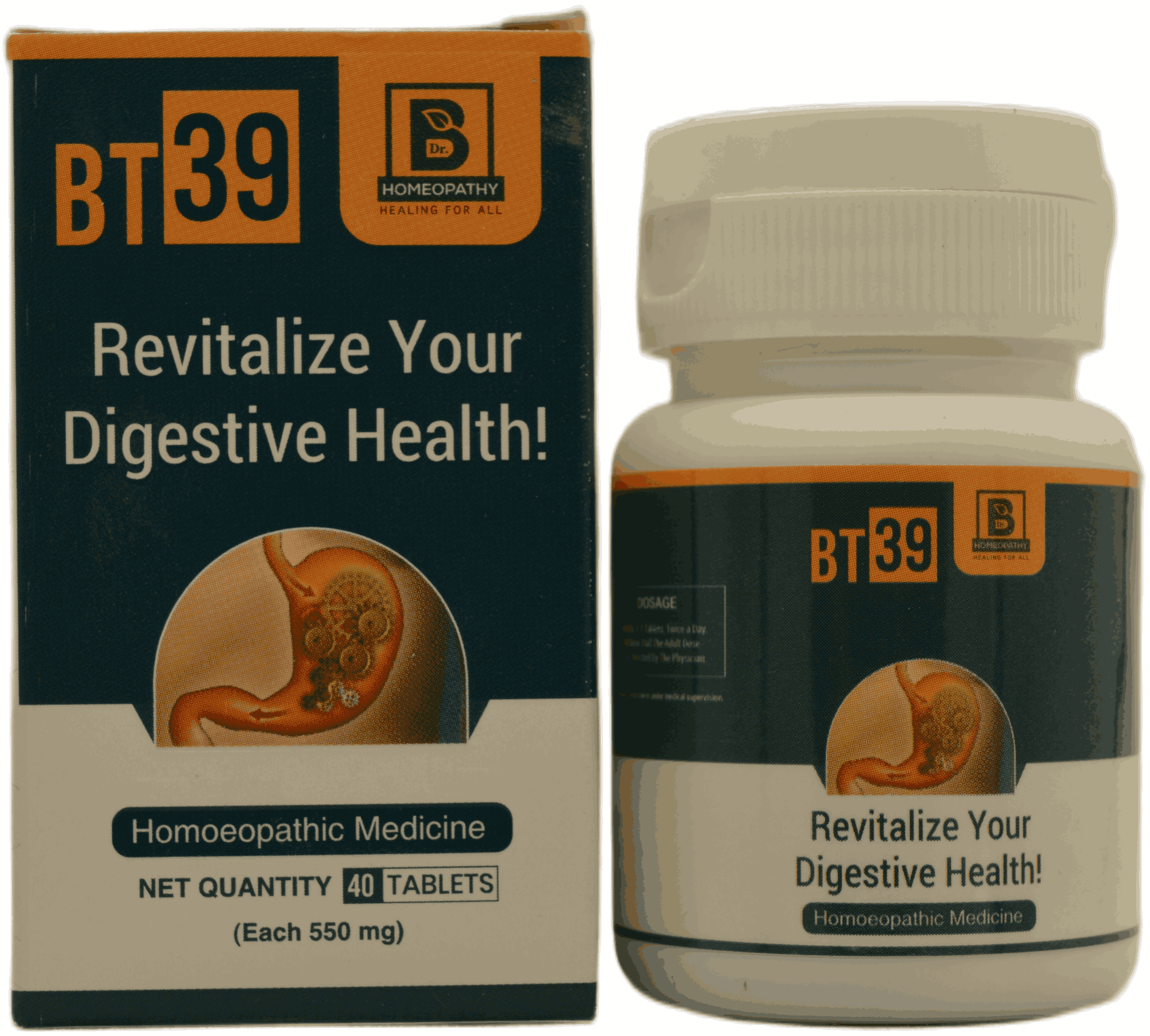 A bottle and box of BT39 homeopathic medicine designed to support digestive health, containing 40 tablets of 550 mg each.