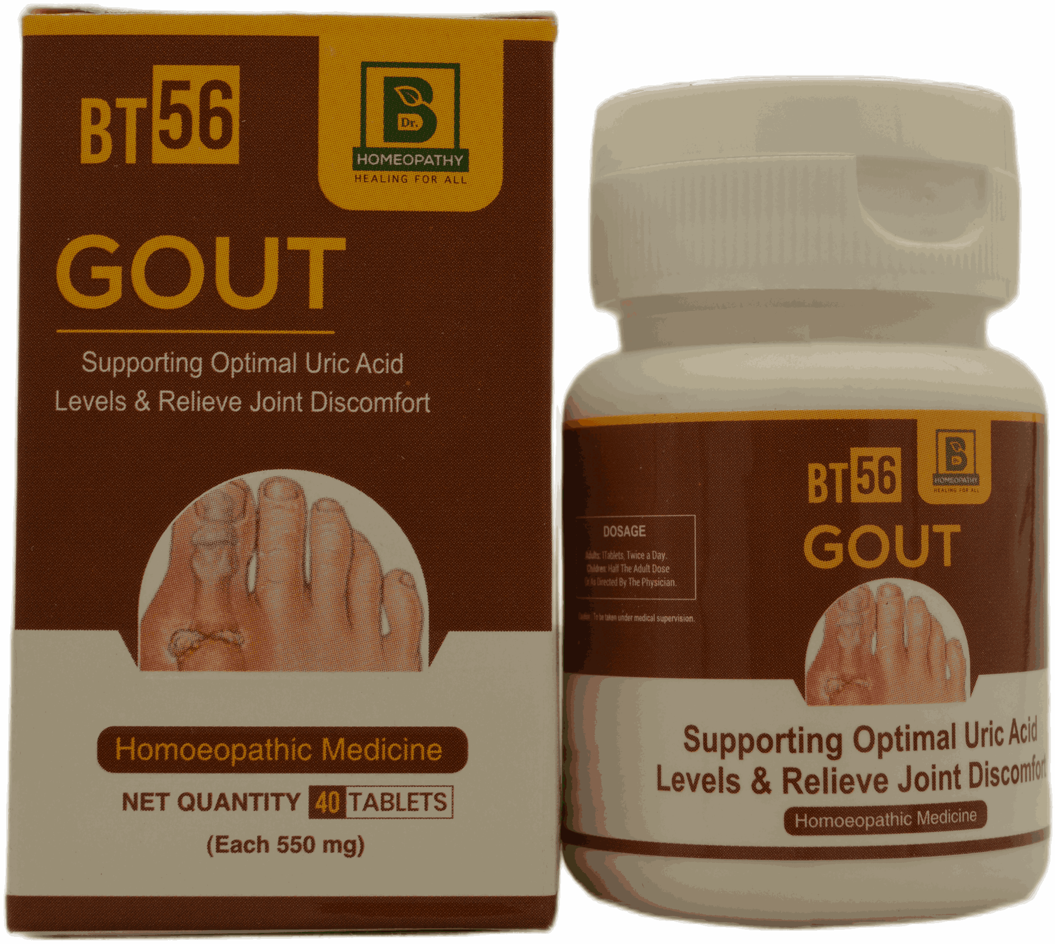 Bottle of BT56 Gout tablets designed to support optimal uric acid levels and relieve joint discomfort, displayed with packaging indicating dosage and product details.