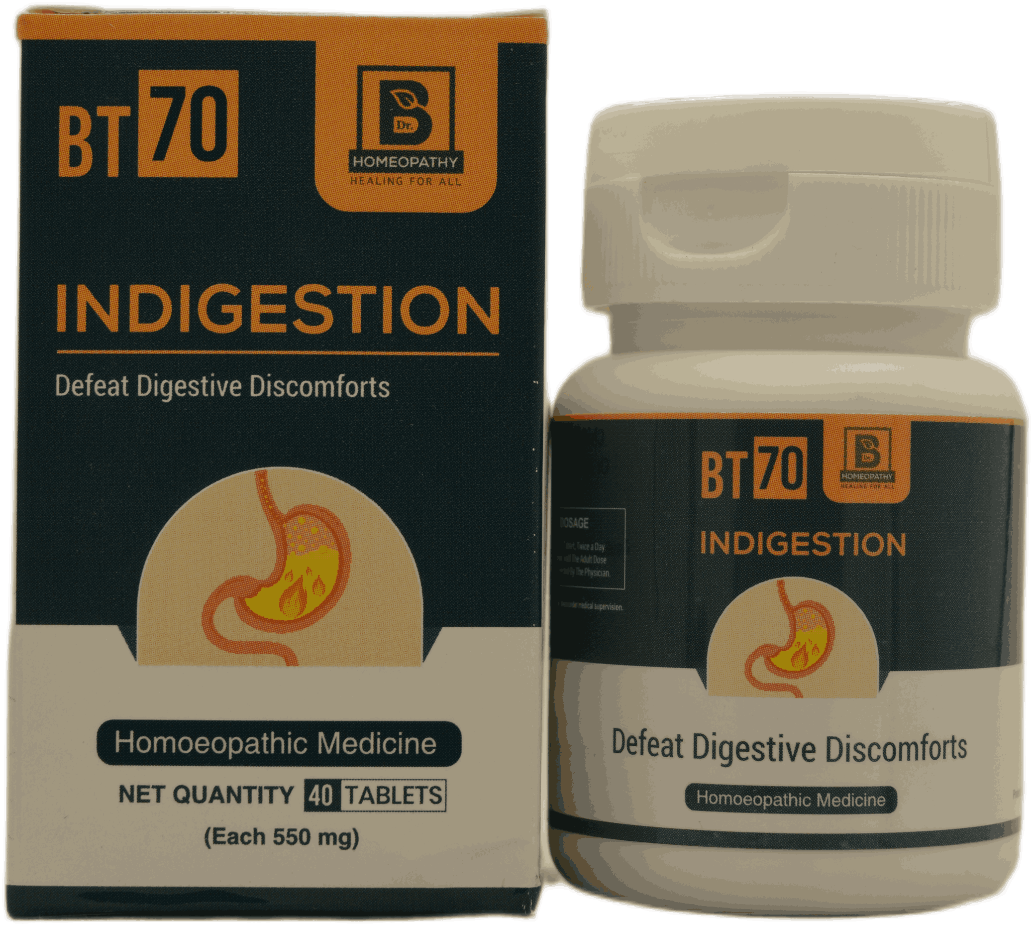 A box and bottle of BT70 homeopathic tablets for indigestion, highlighting the product's benefits and dosage information.