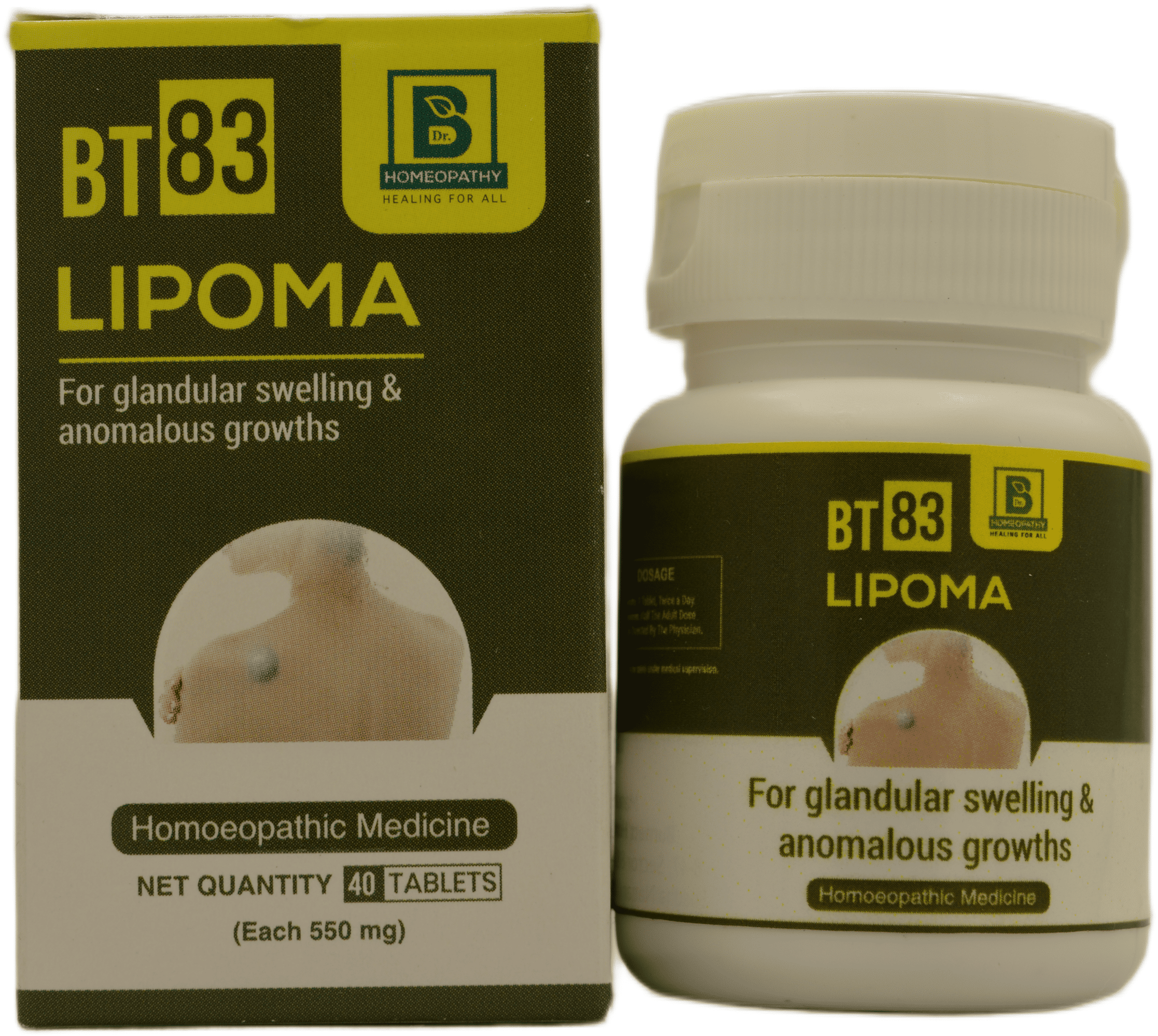 Container and packaging of BT83 Lipoma tablets, a homeopathic remedy for glandular swelling and anomalous growths, featuring 40 tablets of 550 mg each.