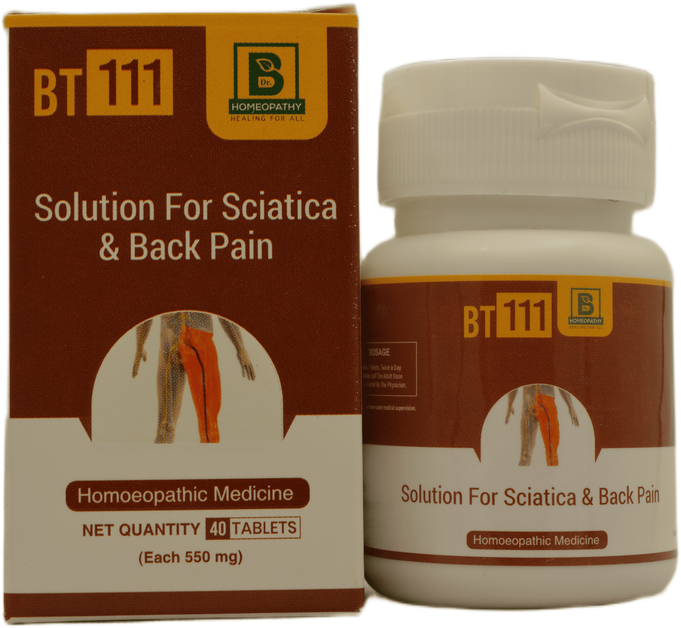 A bottle of homeopathic tablets labeled 'BT 111' for sciatica and back pain, alongside its packaging that includes dosage information and a human figure illustration highlighting pain areas.