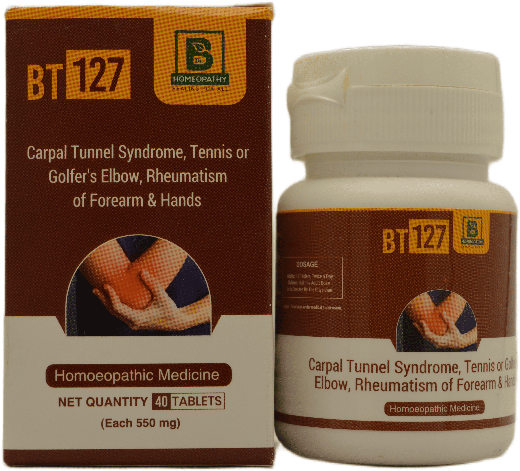 Bottle and box of BT127 homeopathic medicine for carpal tunnel syndrome, tennis elbow, and rheumatism, featuring dosage instructions and active imagery of affected hands.