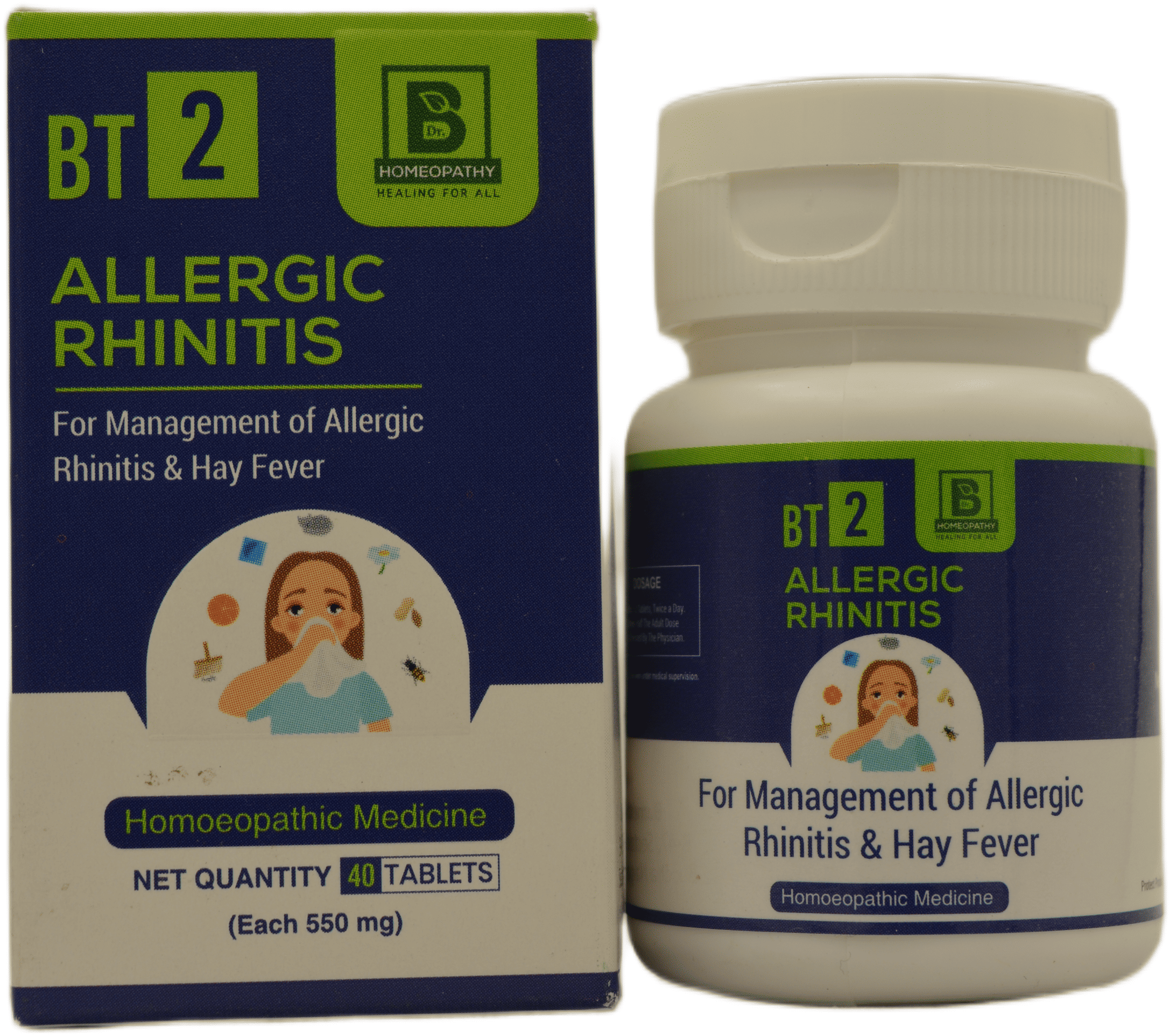 Packaging of BT 2 homeopathic tablets for managing allergic rhinitis and hay fever, including dosage information and net quantity.