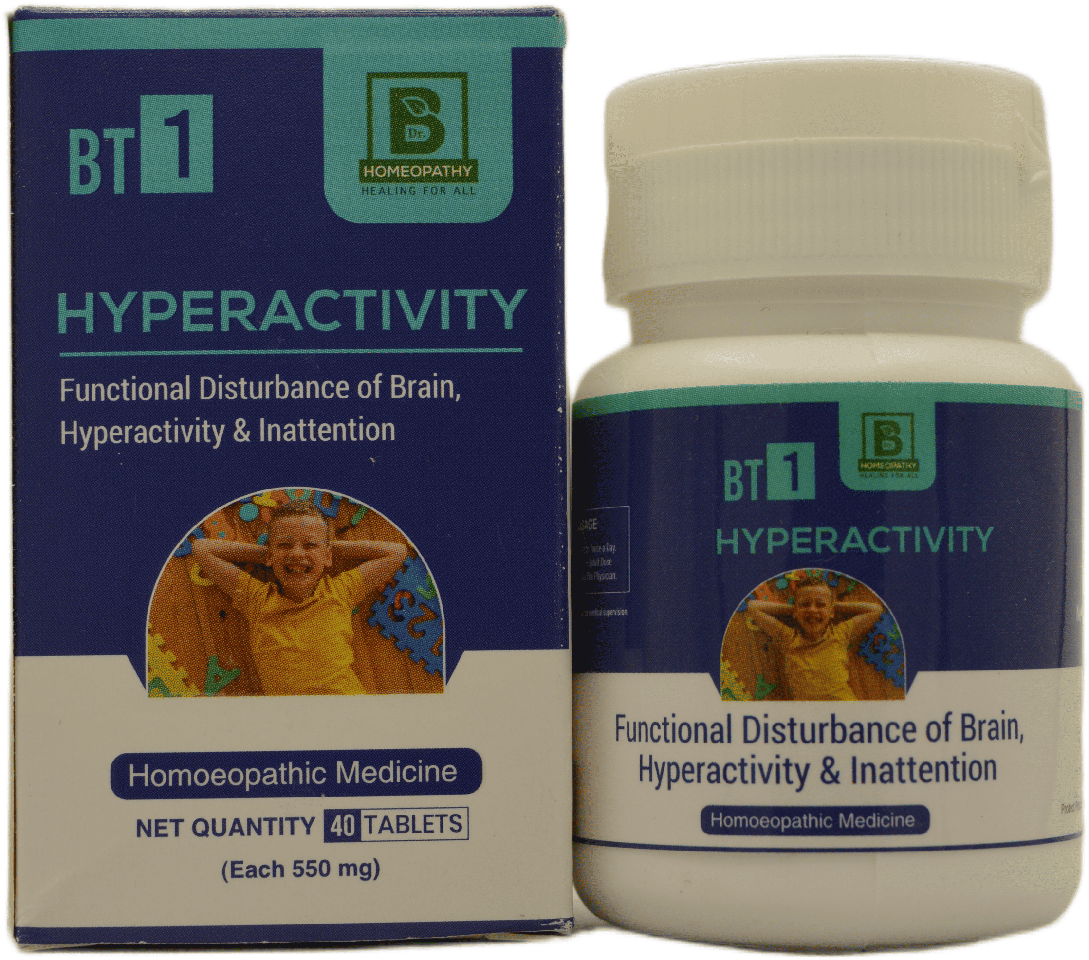 A box and bottle of homeopathic medicine labeled "BT 1 Hyperactivity," designed to address functional disturbances of the brain related to hyperactivity and inattention, containing 40 tablets.
