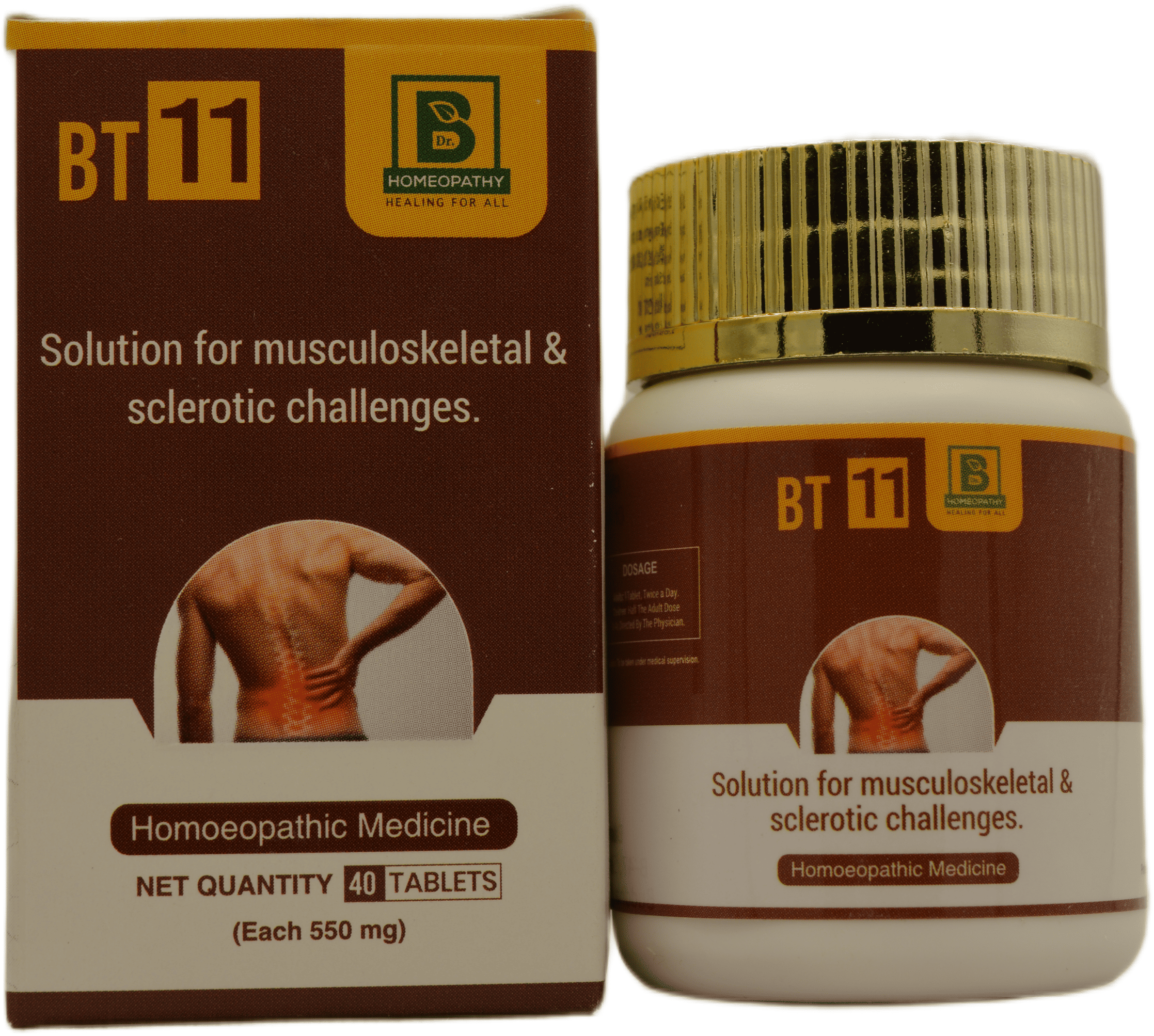 Bottle and packaging of BT 11 homeopathic medicine, labeled as a solution for musculoskeletal and sclerotic challenges, containing 40 tablets.
