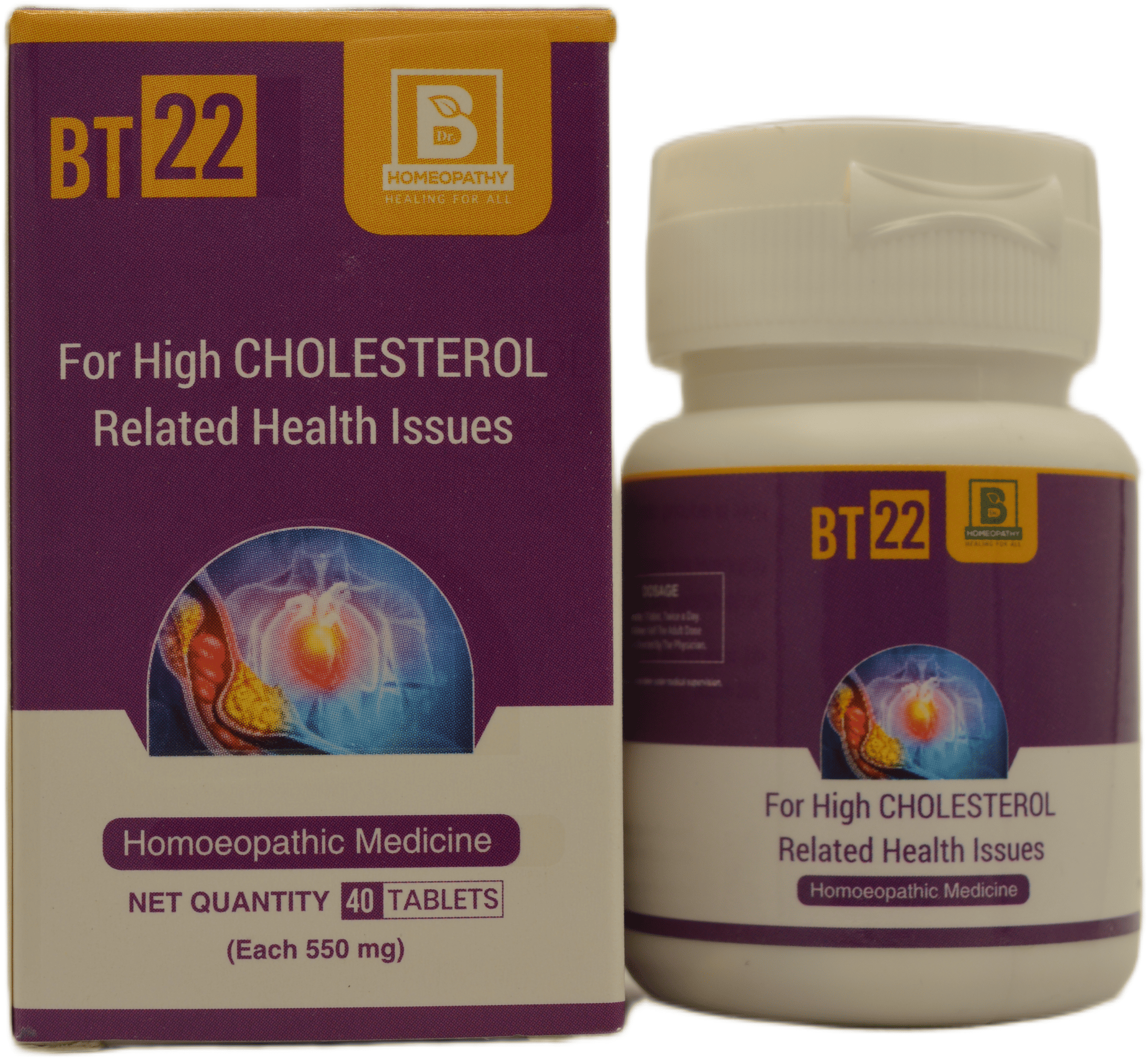 Packaging of BT22 homeopathic tablets designed for high cholesterol-related health issues, featuring dosage information and a visual representation of heart health.
