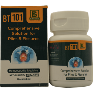 A bottle of BT 101 homeopathic remedy alongside its packaging, labeled as a comprehensive solution for piles and fissures, containing 40 tablets.