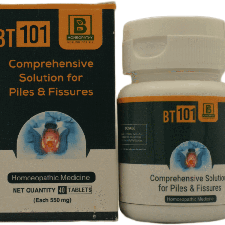 A bottle of BT 101 homeopathic remedy alongside its packaging, labeled as a comprehensive solution for piles and fissures, containing 40 tablets.