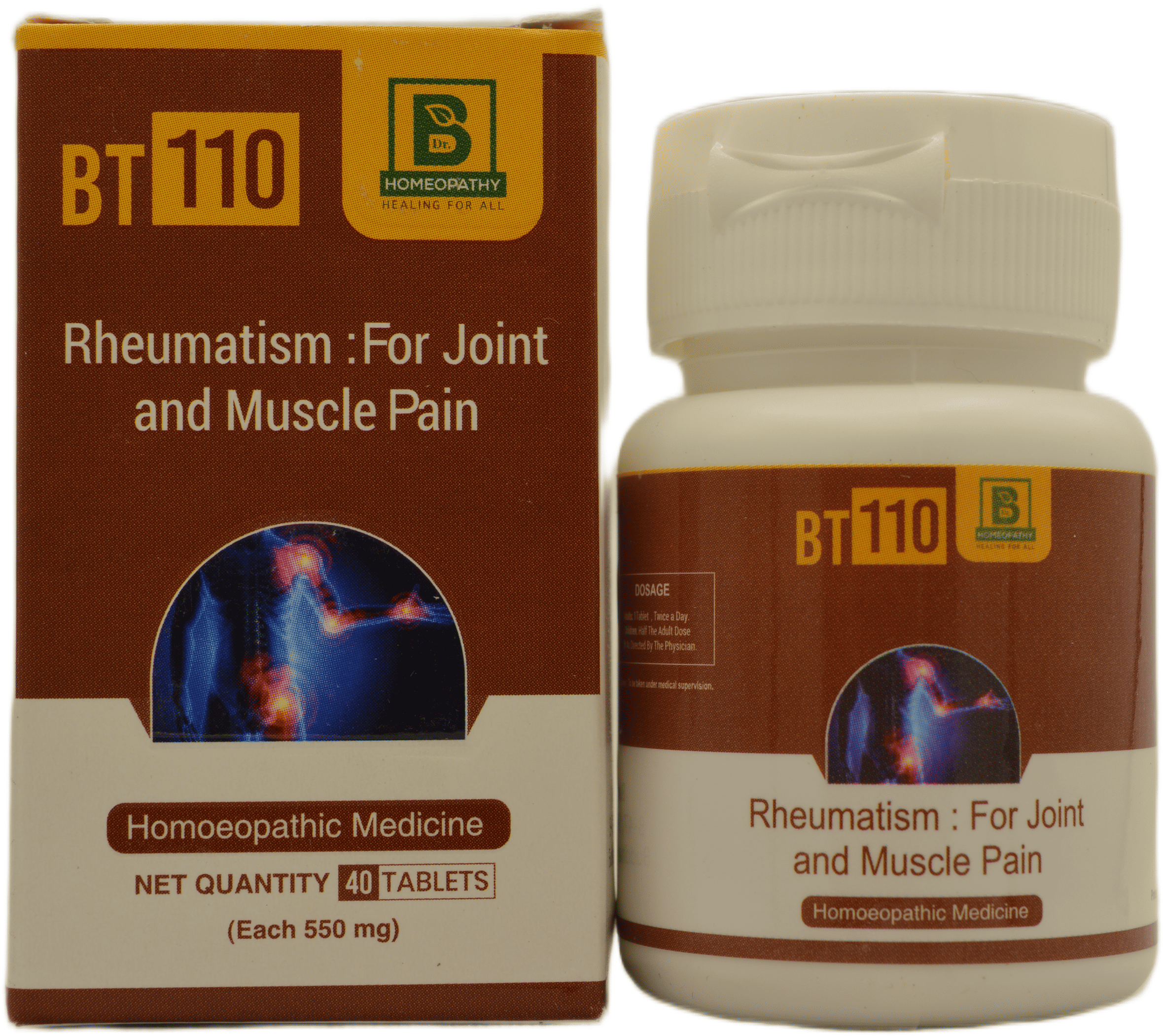 Homeopathic medicine for joint and muscle pain, featuring a bottle and packaging with dosage information.