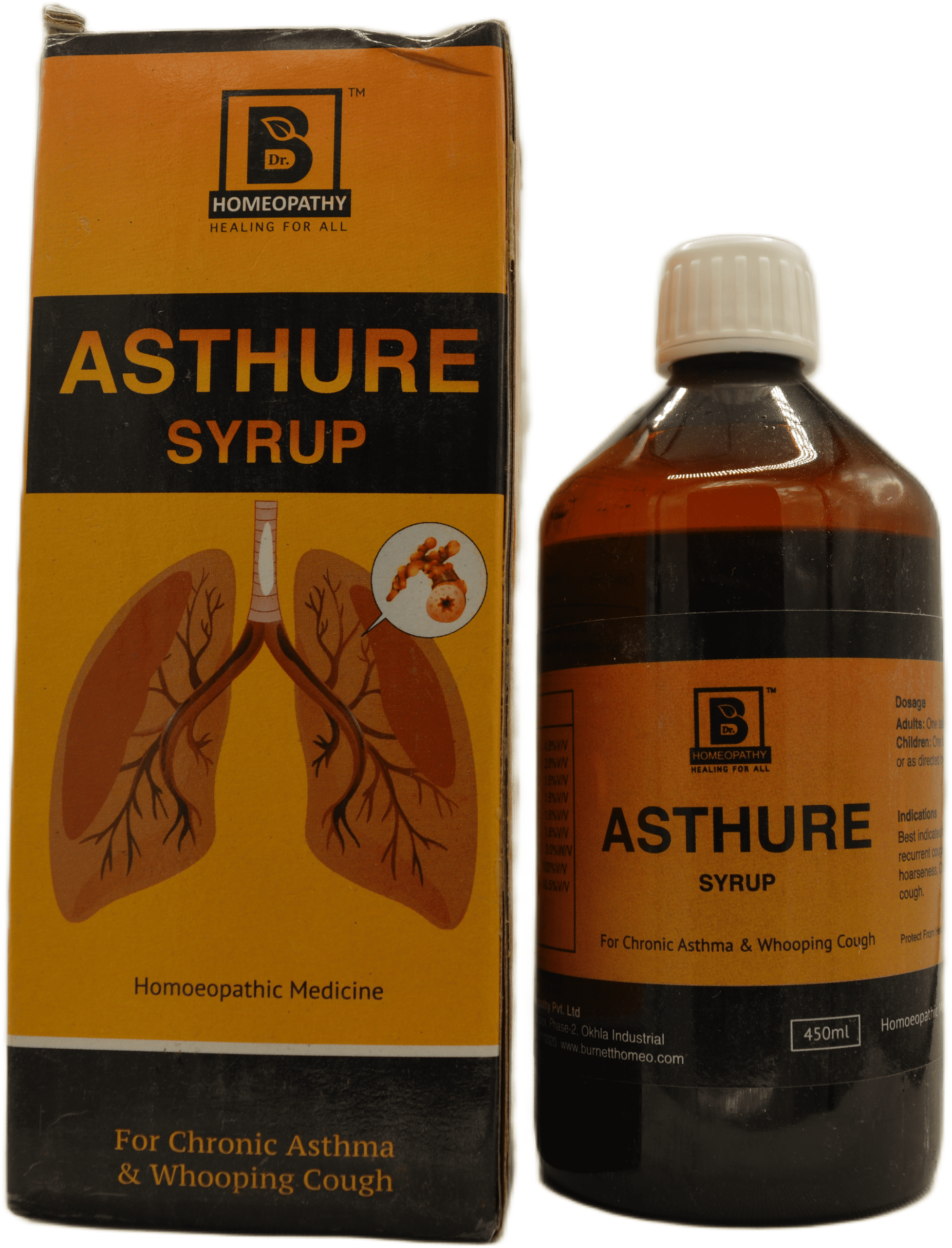 A bottle of Asthure syrup alongside its packaging, labeled for chronic asthma and whooping cough treatment, featuring a graphic of lungs.