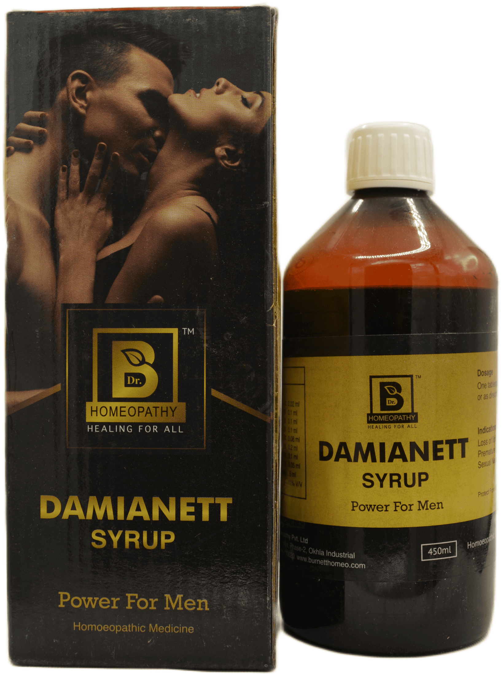 A bottle of Damianett syrup alongside its packaging, promoting its use as a homeopathic remedy for men's vitality and well-being.