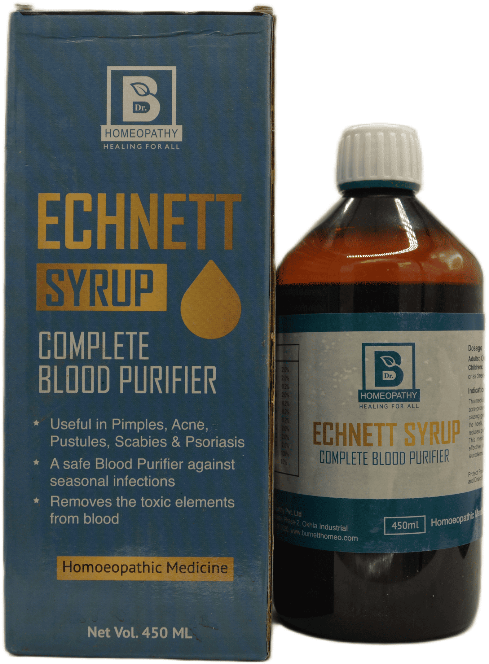 Echnett Syrup: Complete Blood Purifier::Echnett syrup packaging, a homeopathic medicine for treating skin conditions and purifying the blood, featuring its beneficial uses and dosage information.