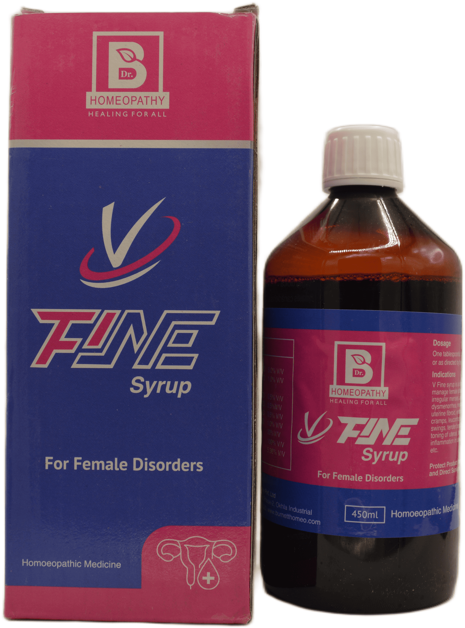A bottle of V Fine Homeopathic Syrup, designed for managing female disorders, alongside its packaging, featuring dosage and usage information.