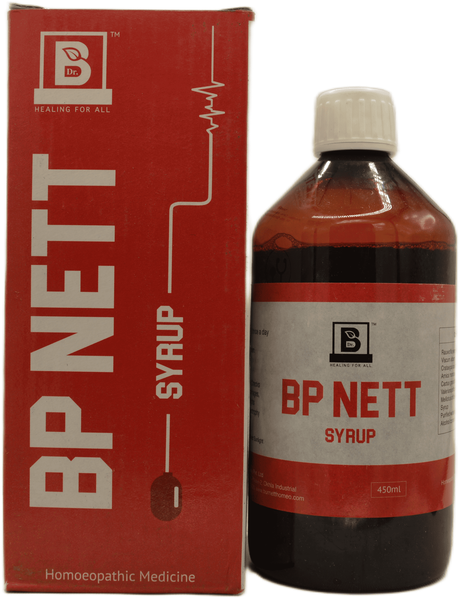 A bottle of BP NETT homeopathic syrup displayed next to its red packaging, indicating its therapeutic purpose for health.