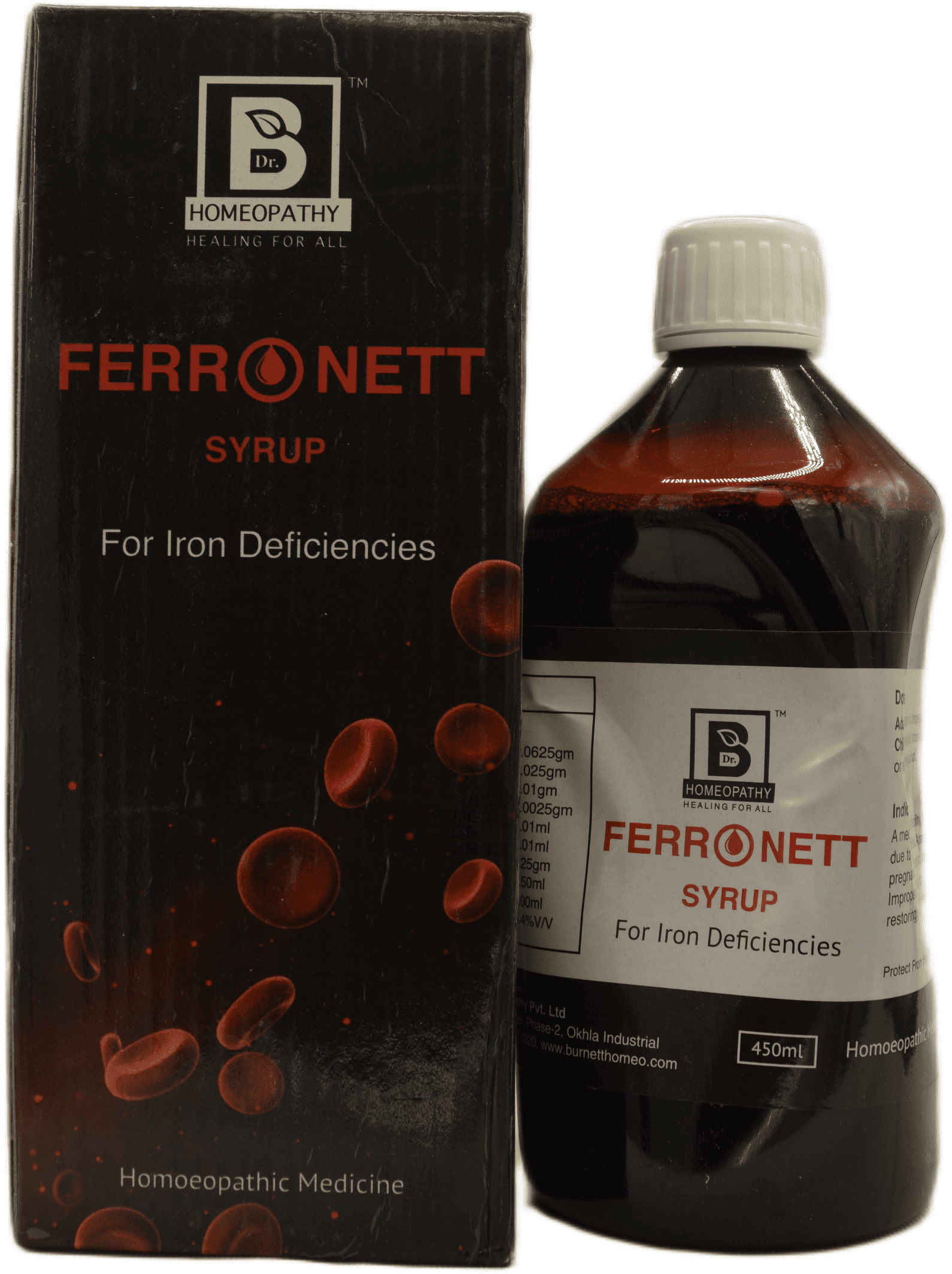 Bottle of Ferronett homeopathic syrup for iron deficiencies, alongside its packaging, highlighting its medicinal use and ingredients.