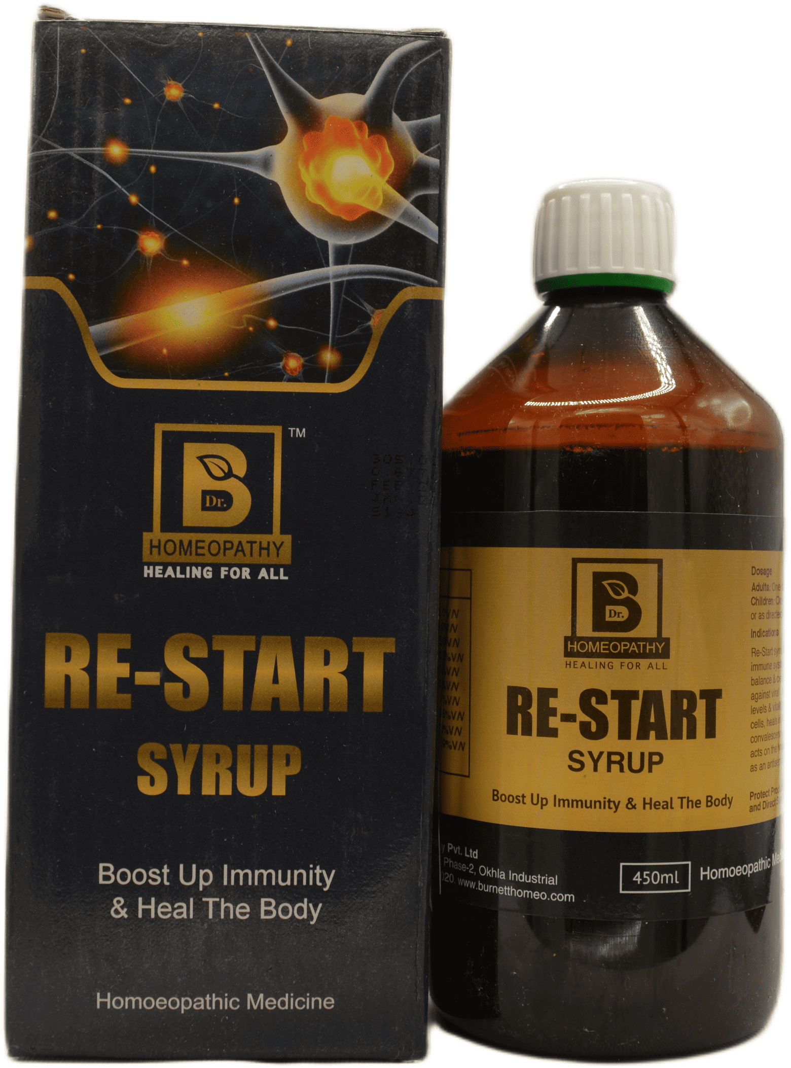 Bottle of Re-Start syrup with packaging emphasizing immunity support and healing properties.