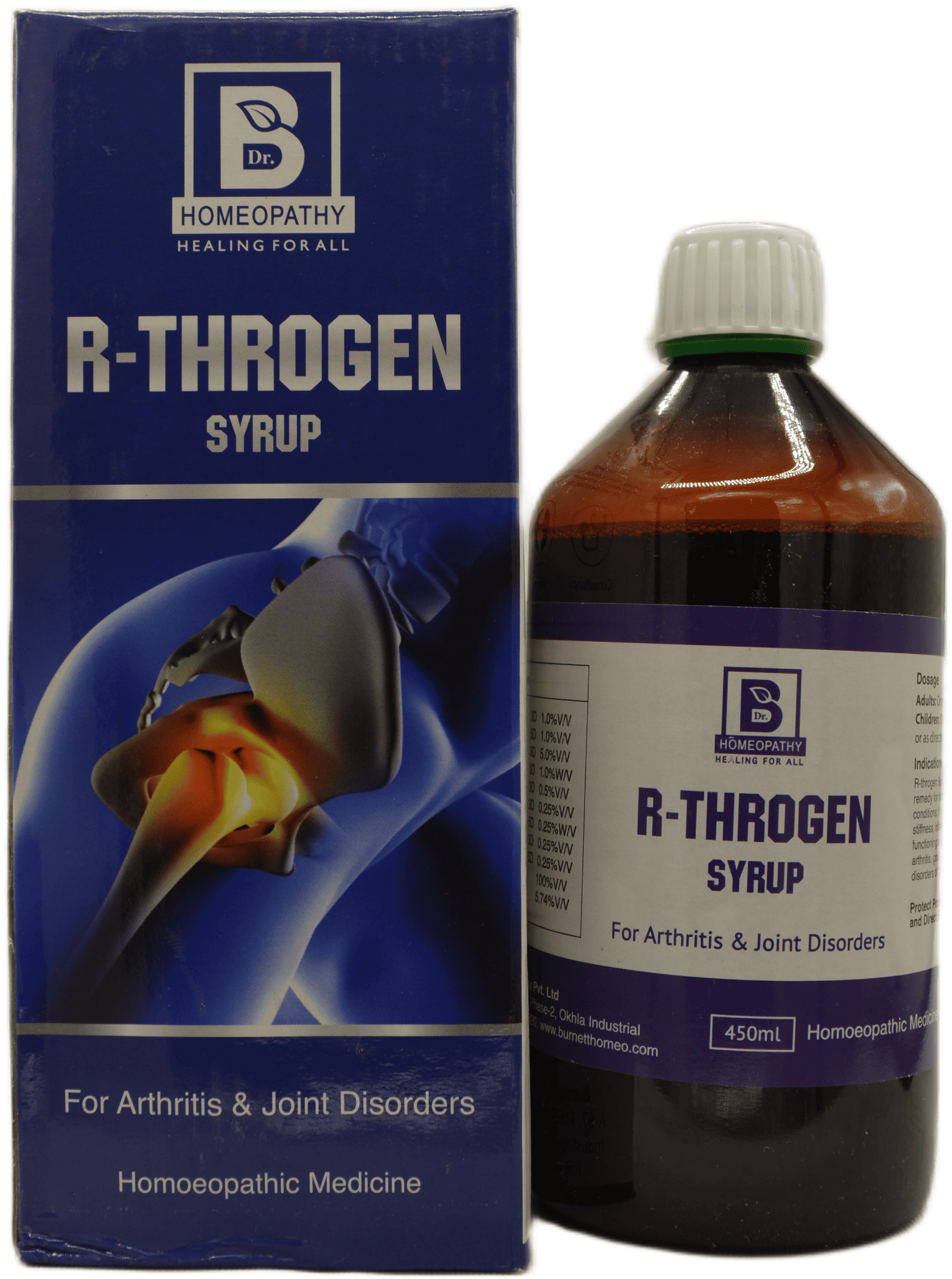 Bottle of R-Throgen syrup alongside its packaging, designed for arthritis and joint disorders, labeled as homoeopathic medicine.