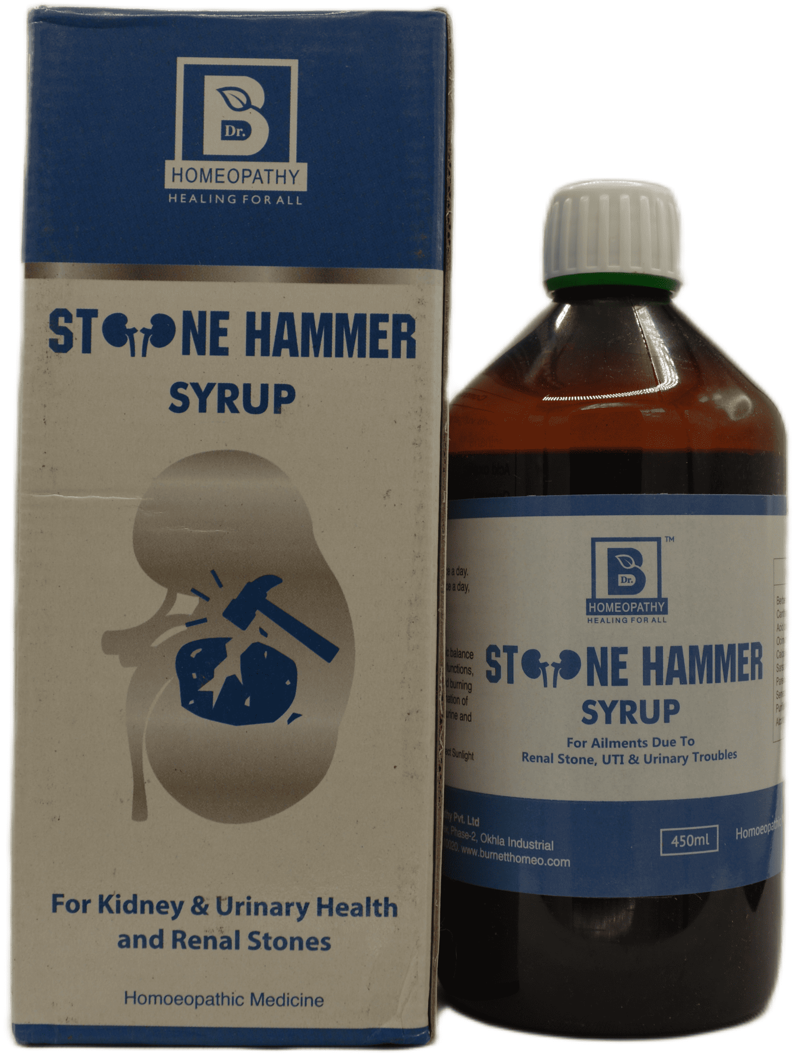 A bottle of Stone Hammer Syrup alongside its box, designed for renal health and the treatment of urinary issues.