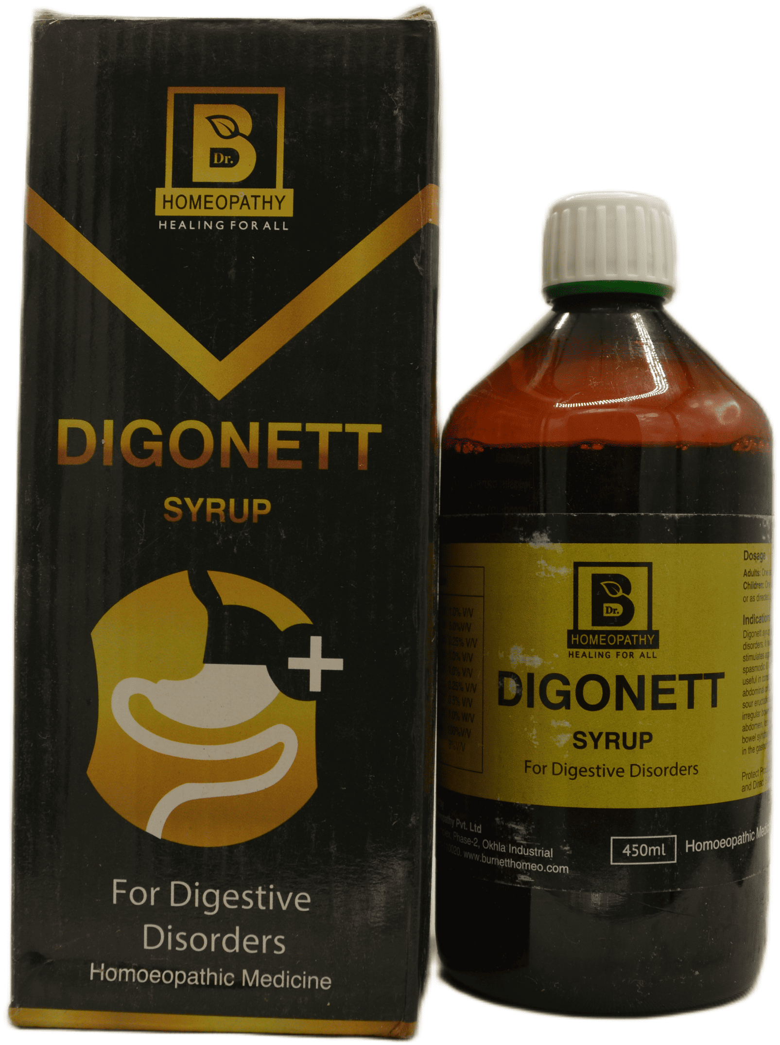 A bottle of Digonett syrup alongside its packaging, designed for digestive disorders, featuring branding and dosage information.