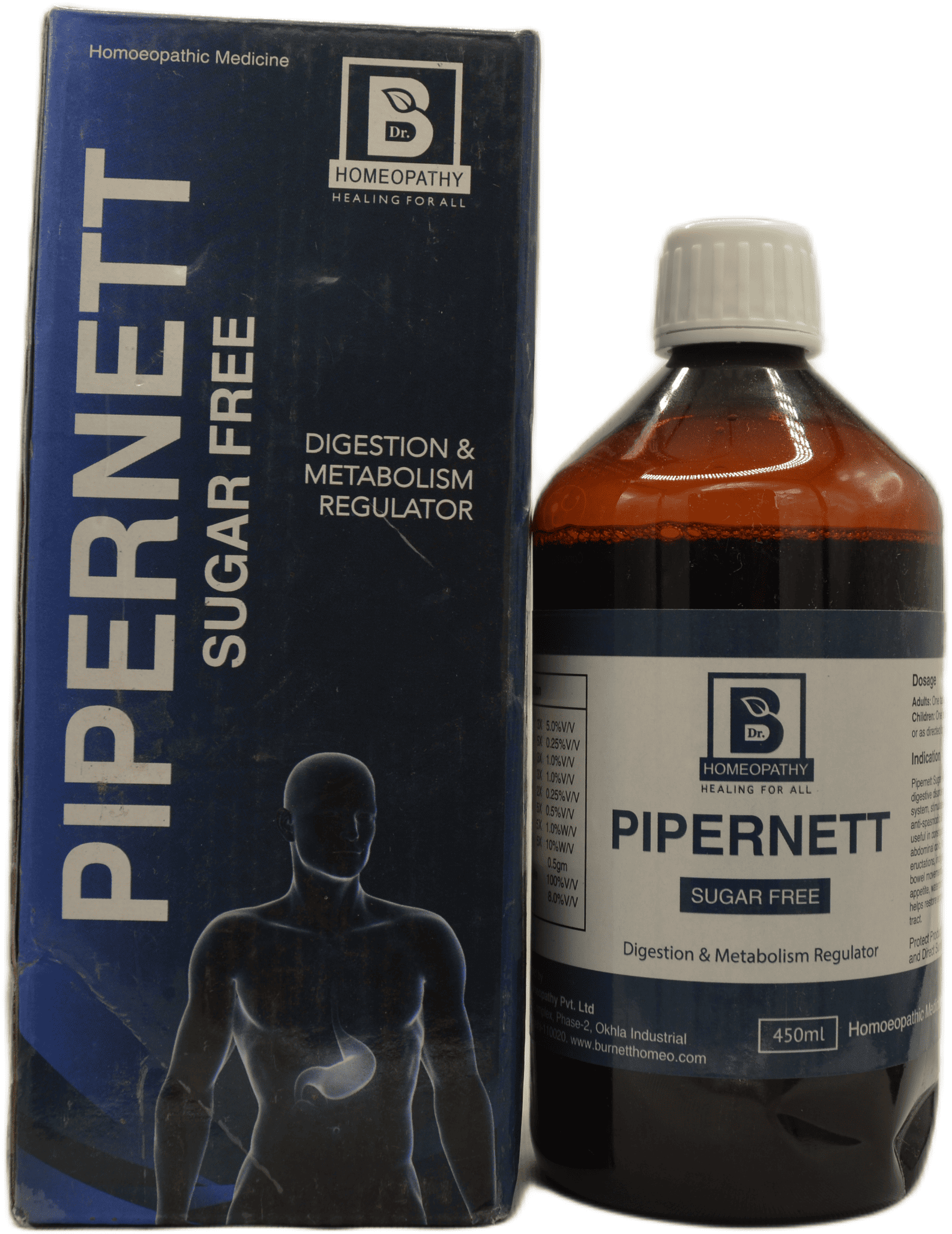 Pipernett sugar-free homeopathic medicine in a 450ml bottle, designed to aid digestion and regulate metabolism, displayed alongside its packaging.
