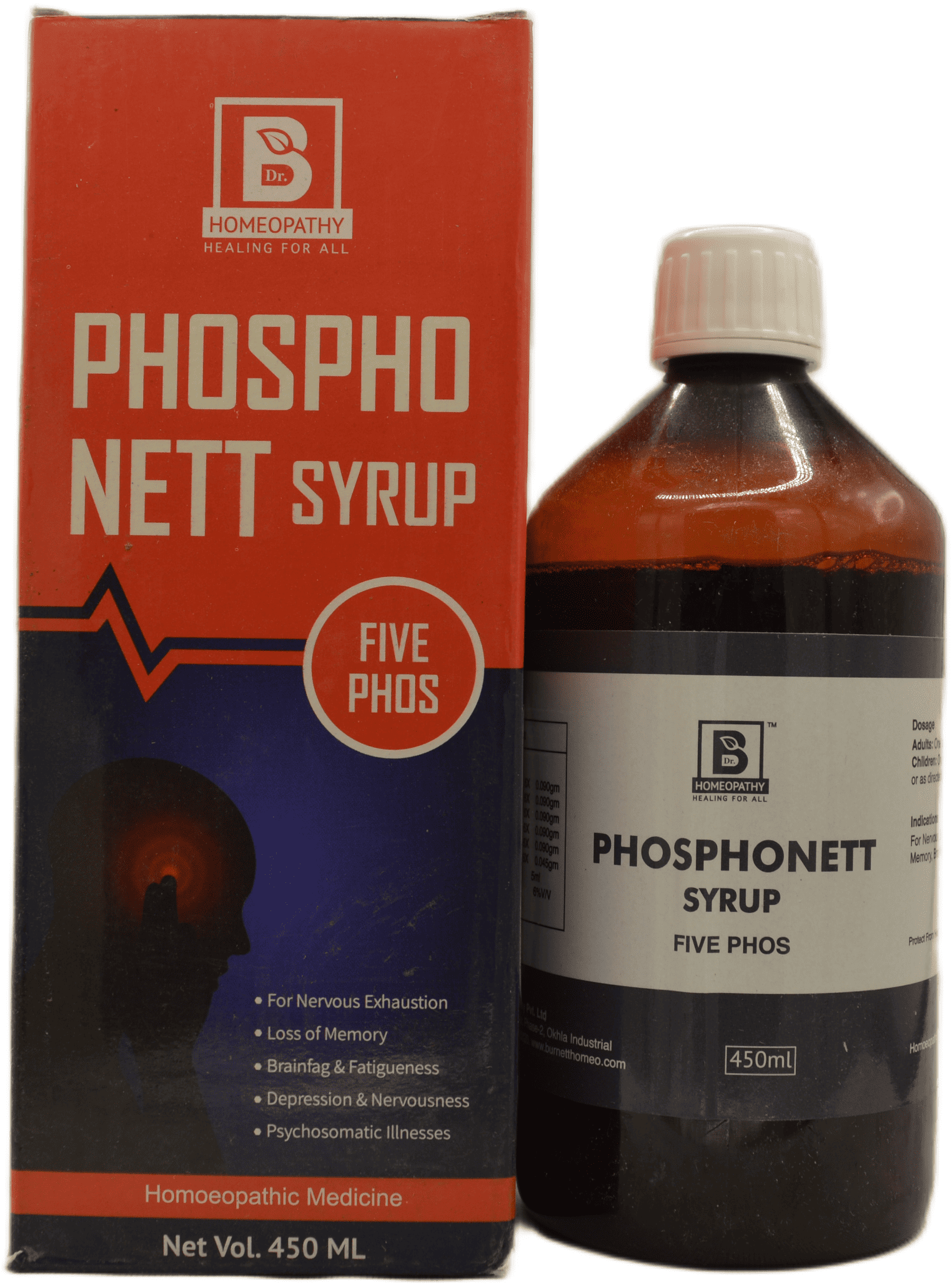 A bottle of Phospho Nett syrup, a homeopathic remedy for nervous exhaustion and memory loss, displayed alongside its packaging.