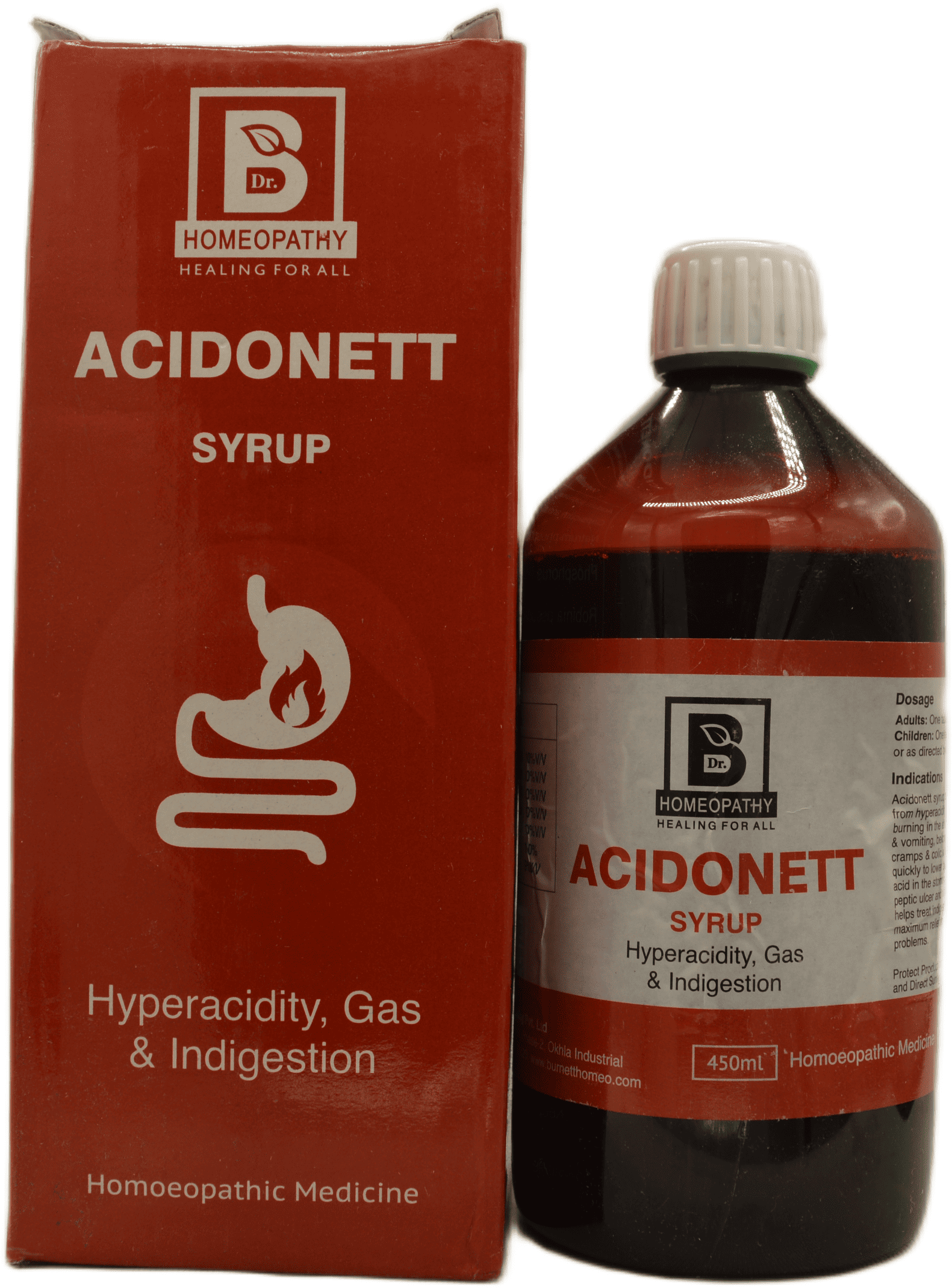 A bottle of Acidonett syrup alongside its red packaging, labeled for treating hyperacidity, gas, and indigestion.