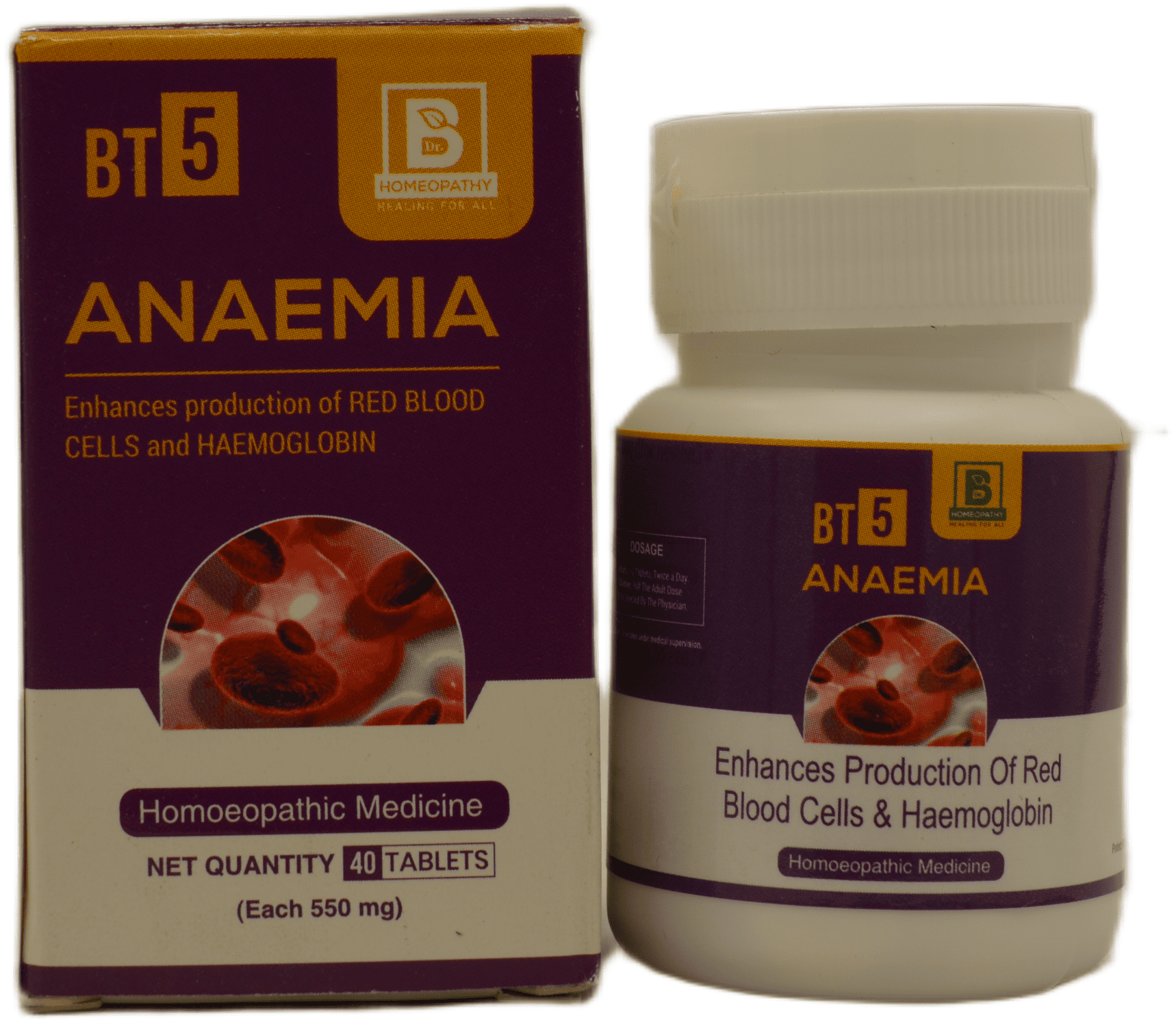Bottle and packaging of BT5 Anaemia tablets, highlighting benefits for red blood cell and hemoglobin production.