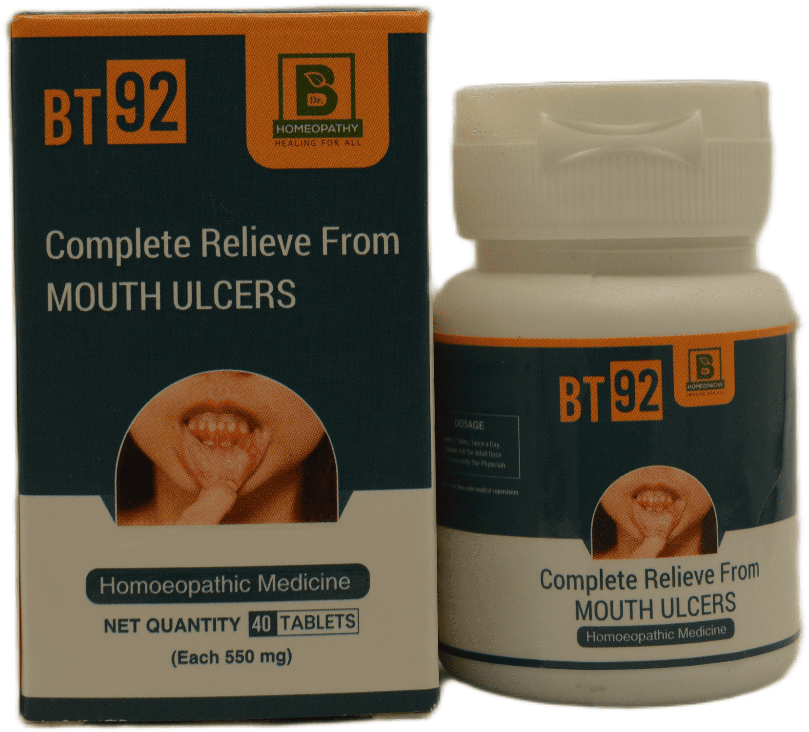 A bottle and box of BT 92 homeopathic tablets, labeled for complete relief from mouth ulcers, containing 40 tablets of 550 mg each.