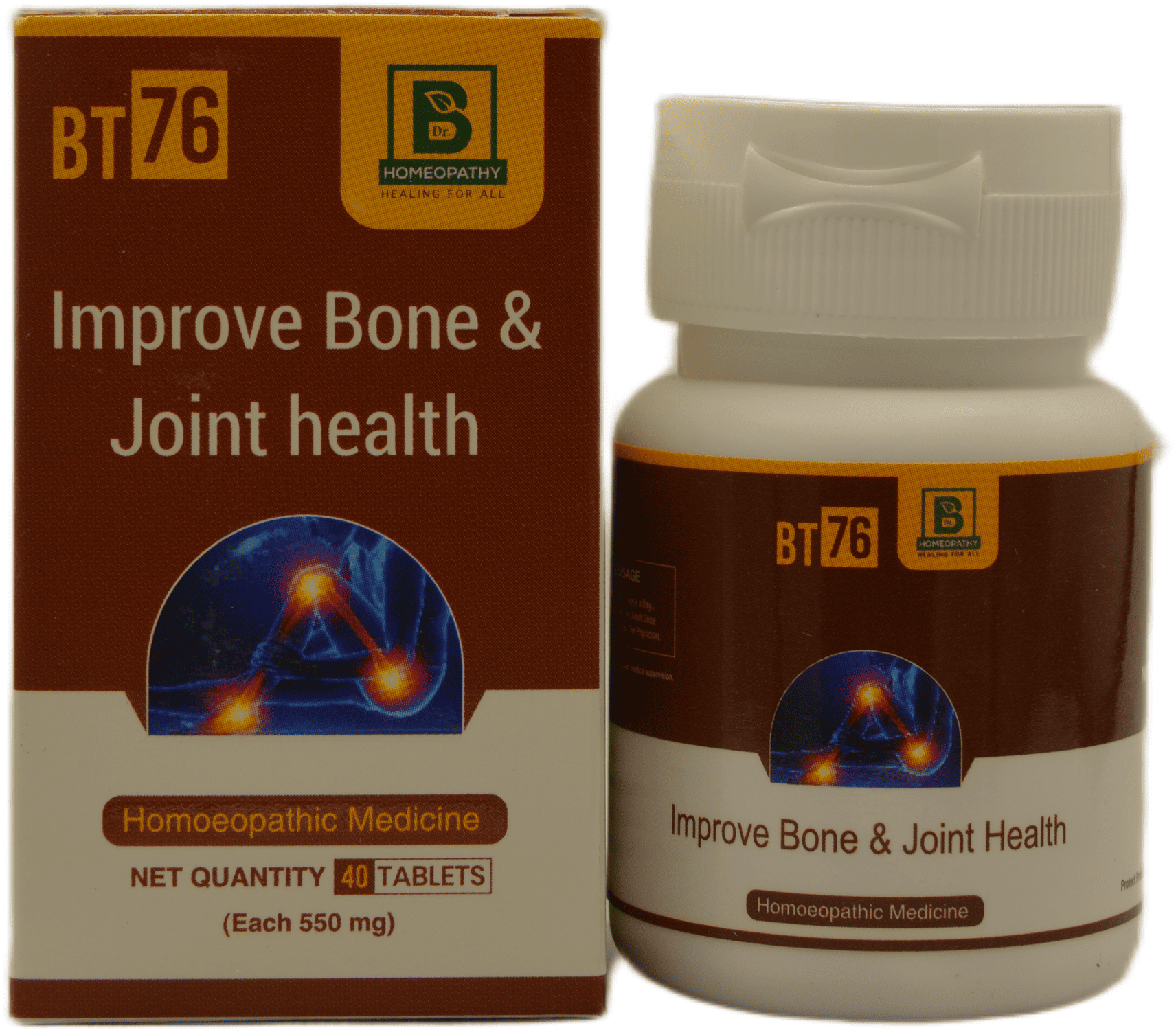 Bottle and box of BT76 homeopathic medicine promoting bone and joint health, containing 40 tablets of 550 mg each.