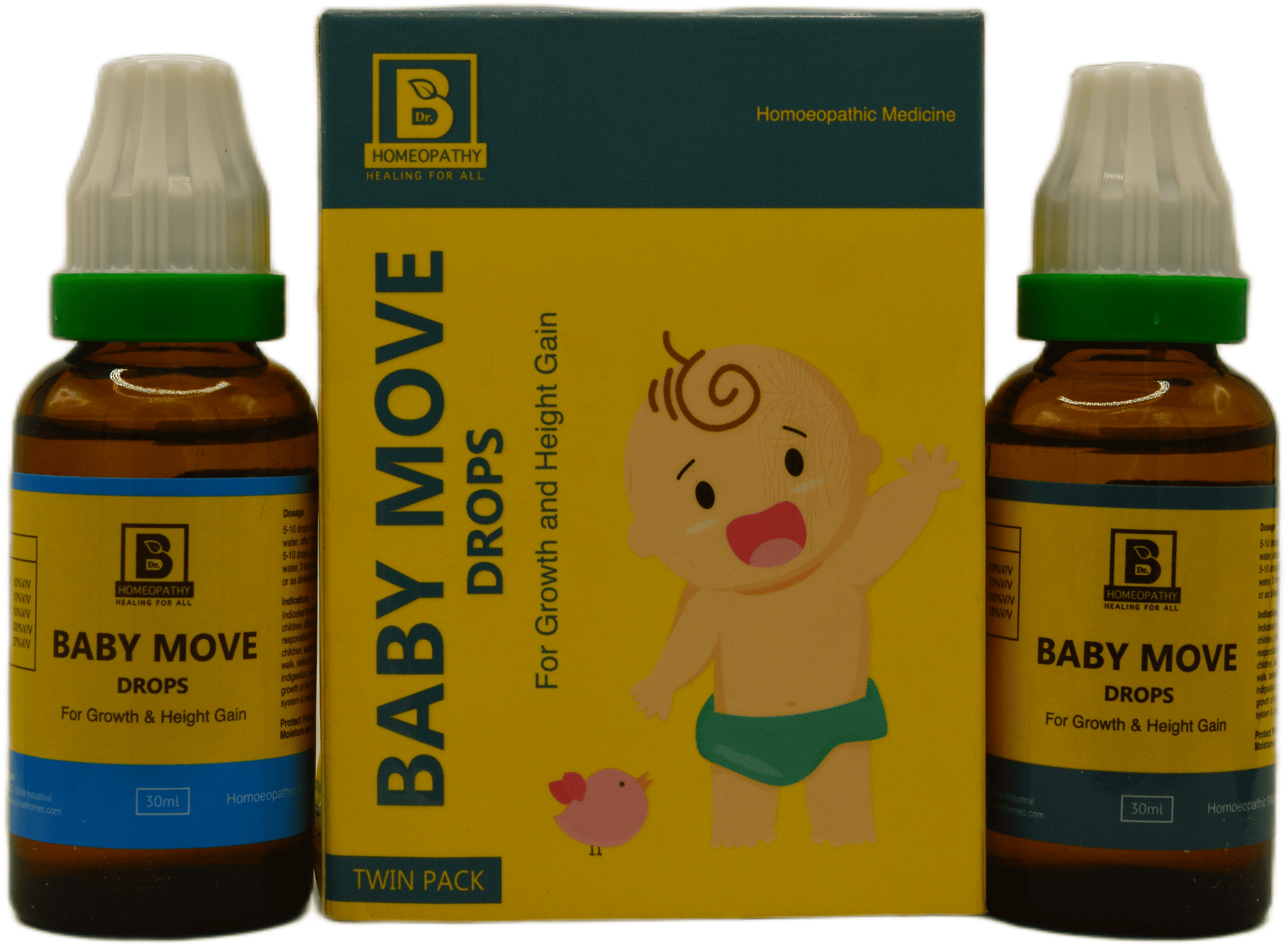 Two bottles of Baby Move Drops alongside a box labeled 'For Growth and Height Gain,' featuring a playful cartoon baby on the packaging.