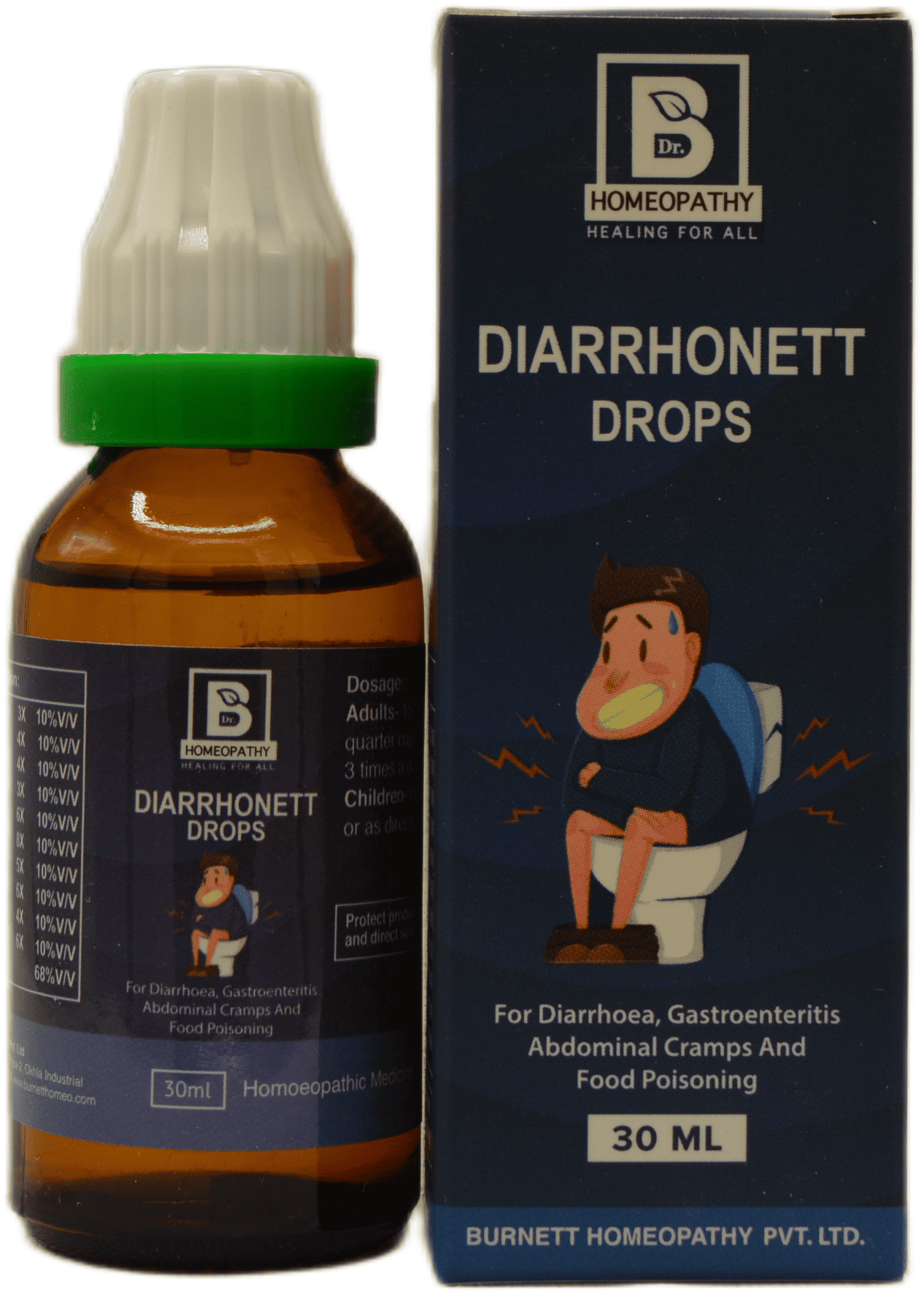 A bottle of Diarrhonett Drops for gastrointestinal ailments, featuring dosage instructions and an illustration of a person experiencing discomfort.