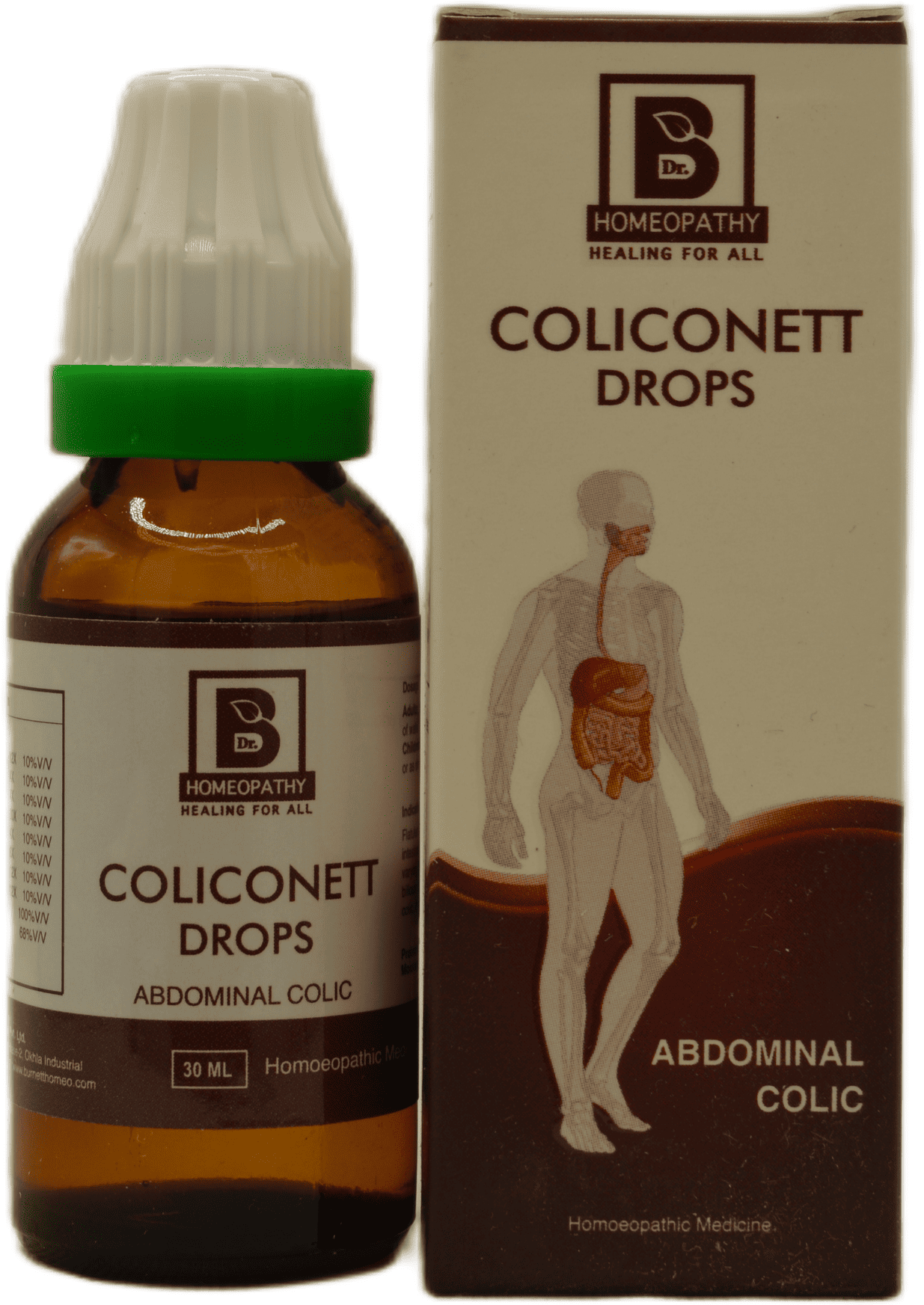 A 30ml bottle of Coliconett drops alongside its packaging, designed for alleviating abdominal colic symptoms and labeled as homeopathic medicine.