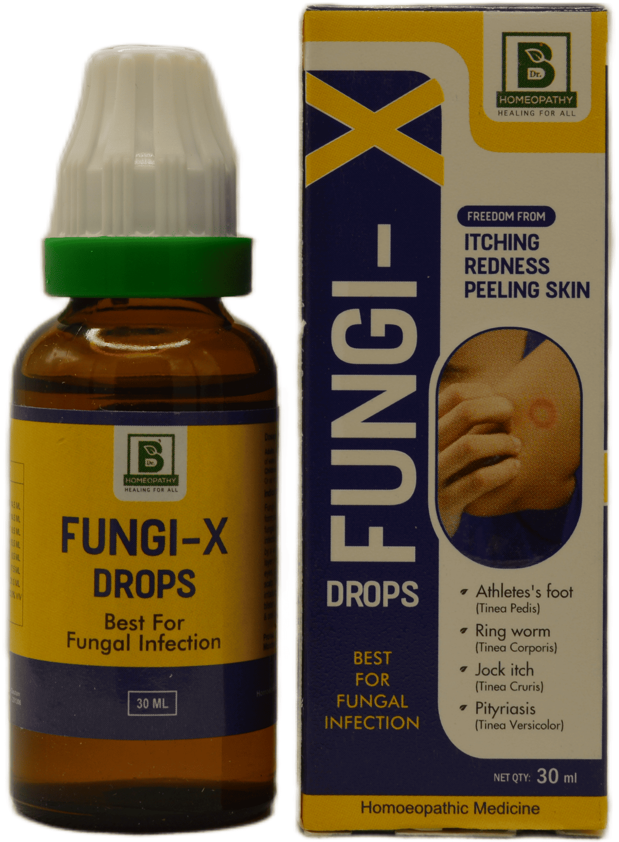 30ml bottle of Fungi-X drops alongside its box, promoting relief from fungal infections like athlete's foot and ringworm.