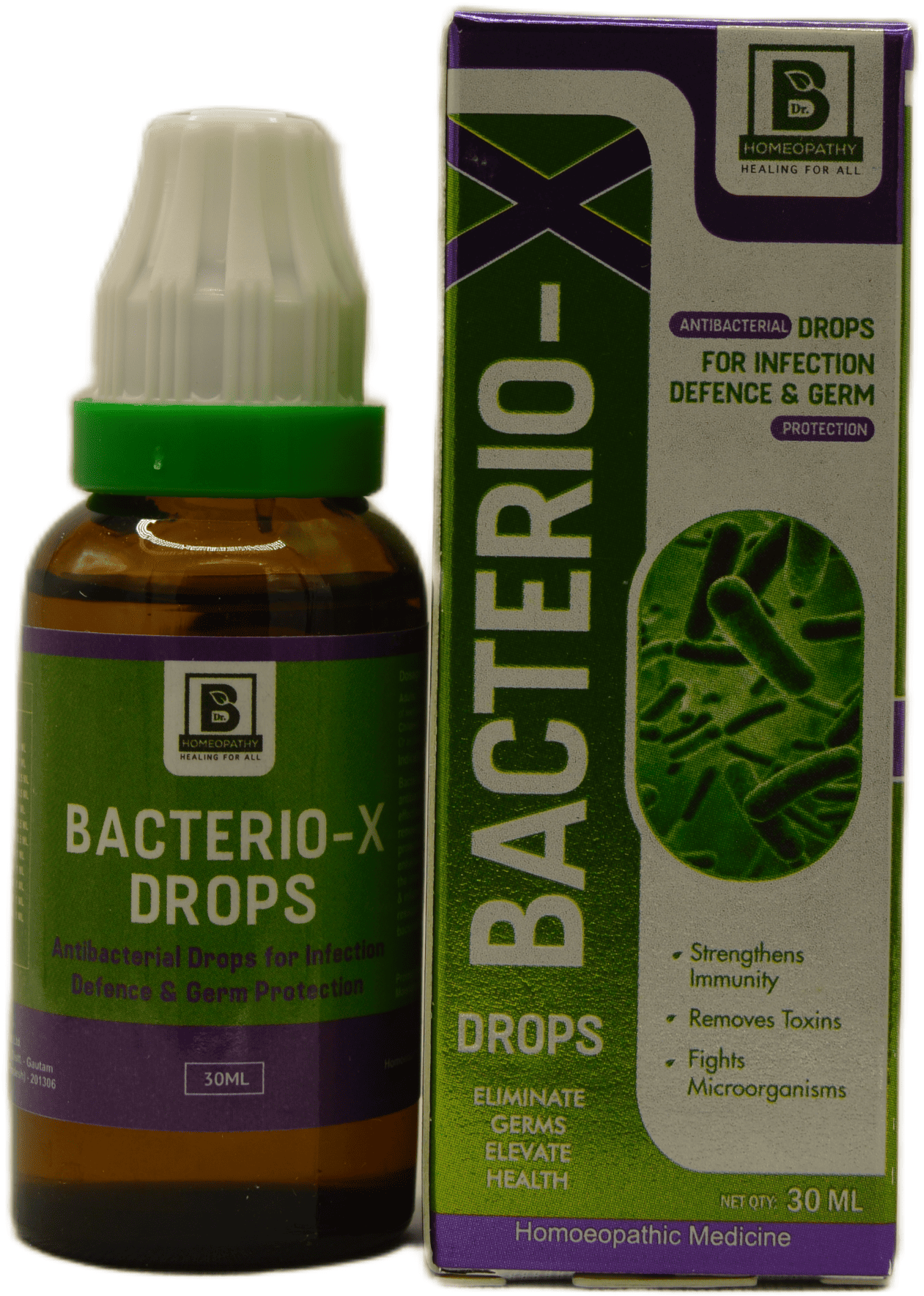 A 30ml bottle of Bacterio-X drops alongside its green and white box, highlighting antibacterial properties for infection defense and germ protection.