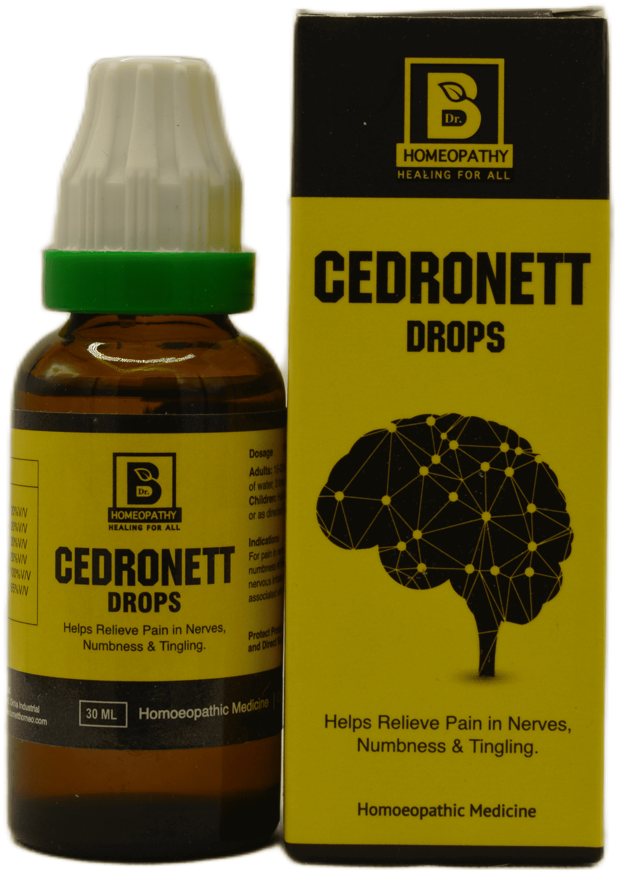 A bottle of Cedronett drops alongside its packaging, highlighting benefits for relieving pain, numbness, and tingling in nerves.