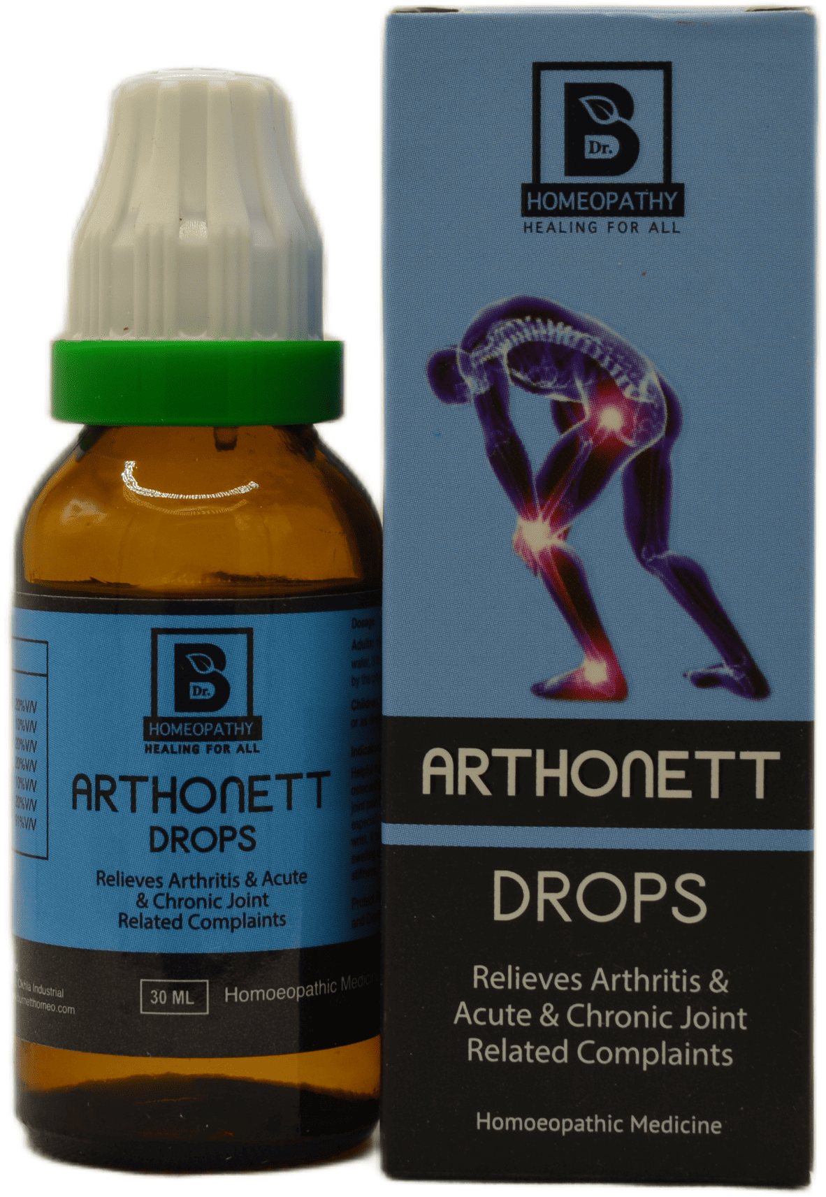 Bottle of Arthonett homeopathic drops alongside its packaging, promoting relief from arthritis and joint-related complaints.