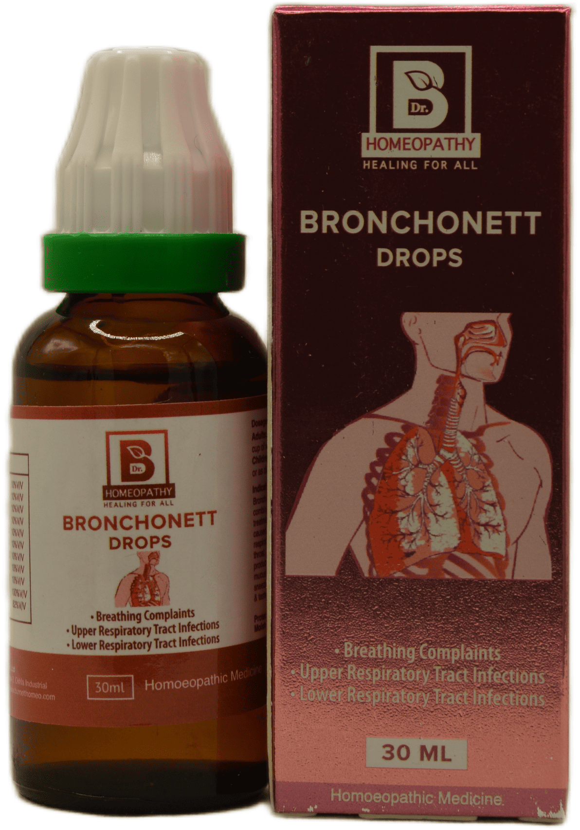 Brown bottle of Bronchonett drops with a green cap and packaging, designed to address breathing complaints and respiratory tract infections.