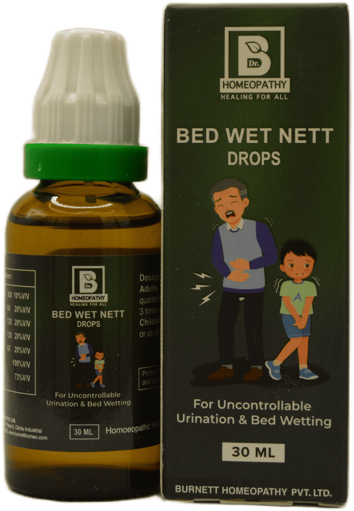 Bottle of Bed Wet Nett Drops, 30 ML, designed for uncontrollable urination and bedwetting, alongside illustrative packaging depicting a concerned adult and child.