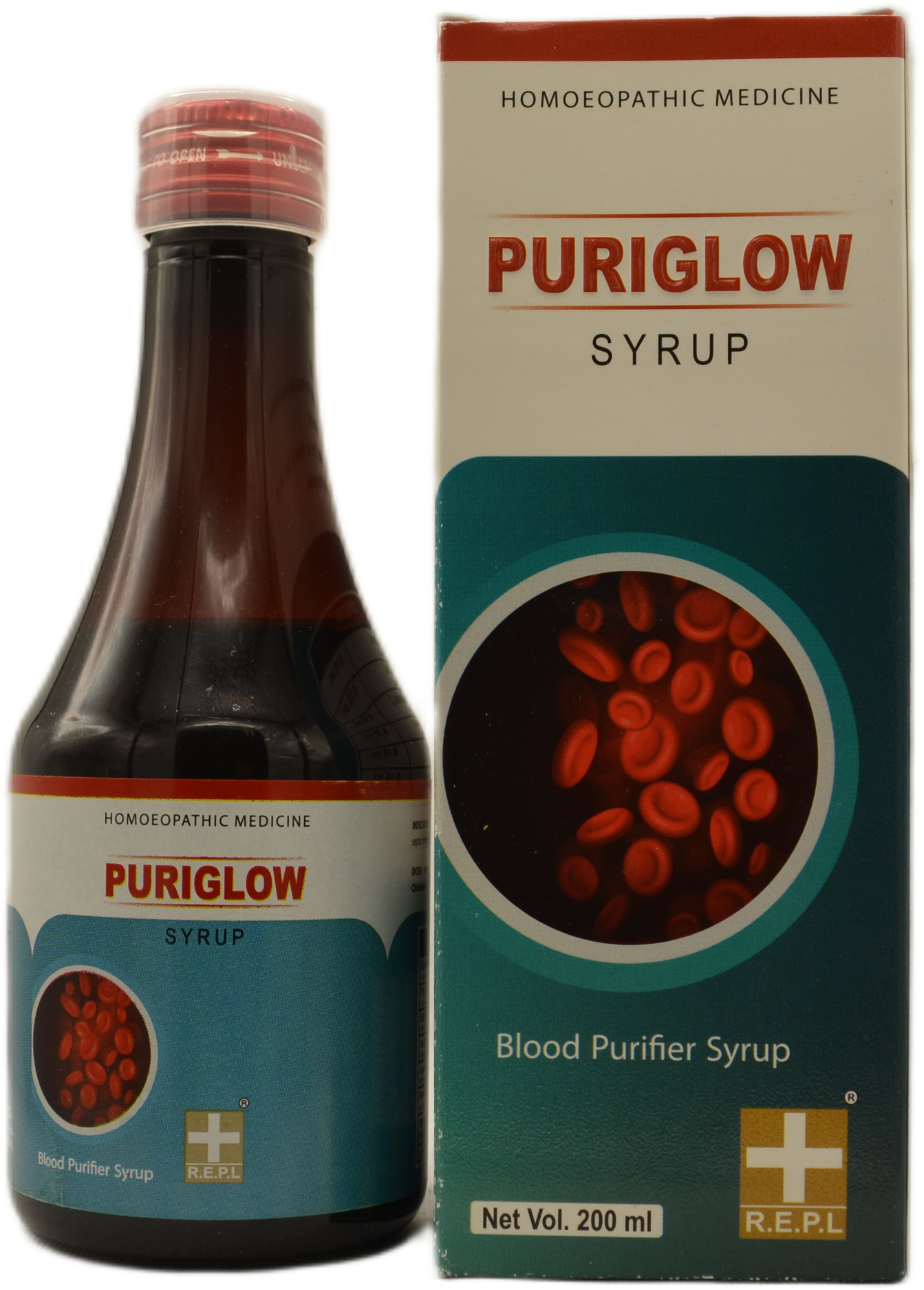 A bottle of Puriglow homoeopathic medicine syrup with a detailed label, displaying a graphic of red blood cells and packaging information.