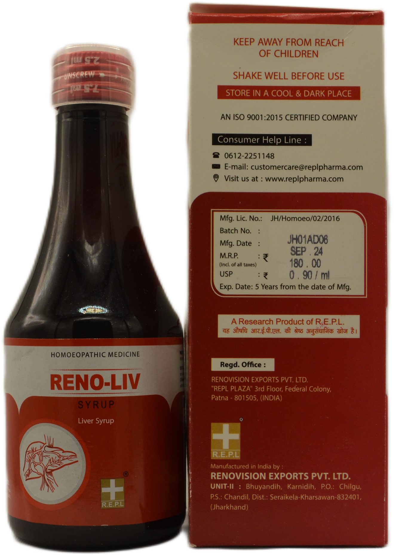 A bottle of Reno-Liv liver syrup, showcasing the label with directions for use, manufacturing details, and precautionary statements.