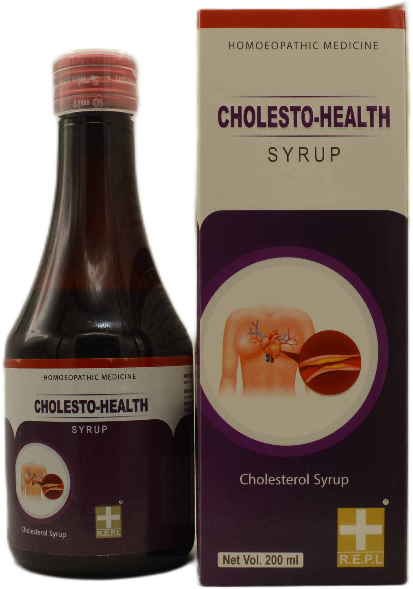 A bottle and box of Cholesto-Health syrup, a homoeopathic medicine for cholesterol management.